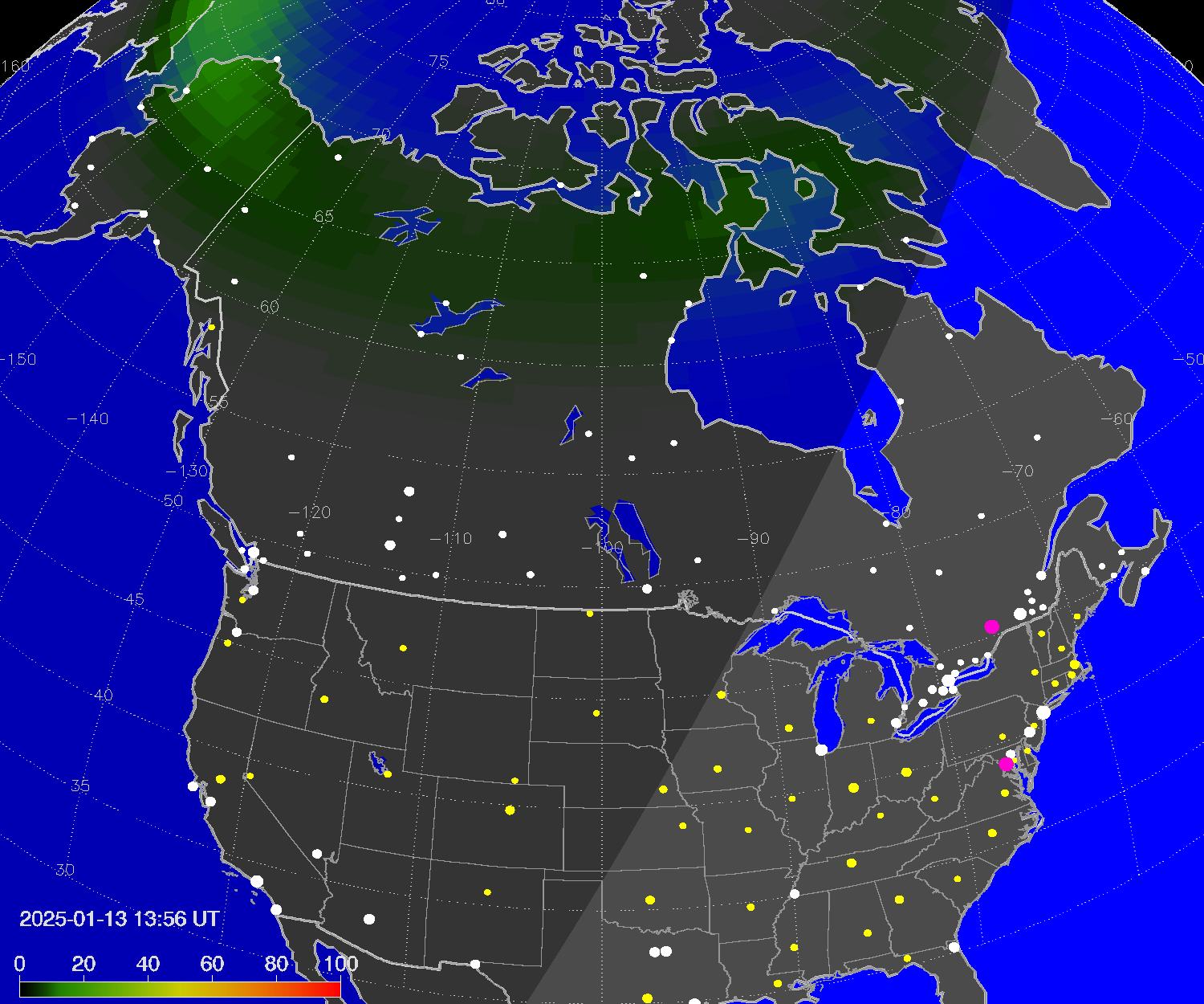 Northern lights (auroras) over North America