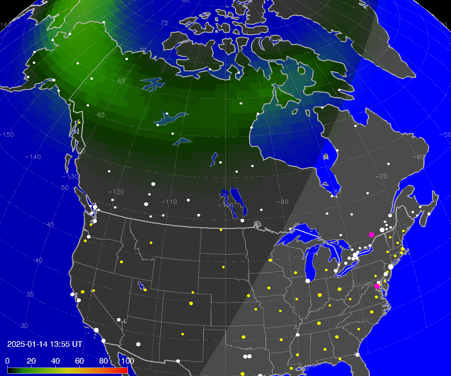 Northern lights (auroras) over North America