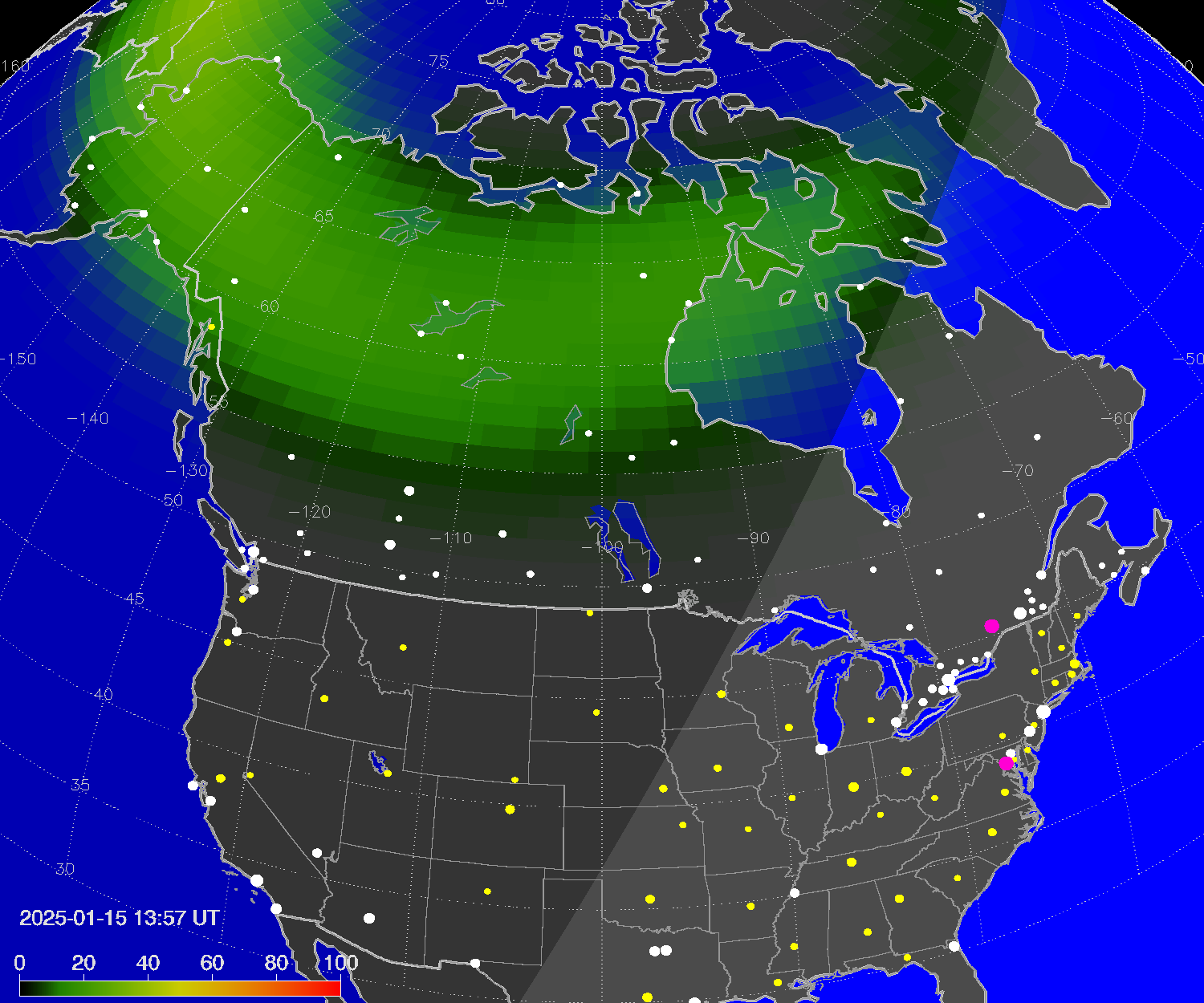 Northern lights (auroras) over North America