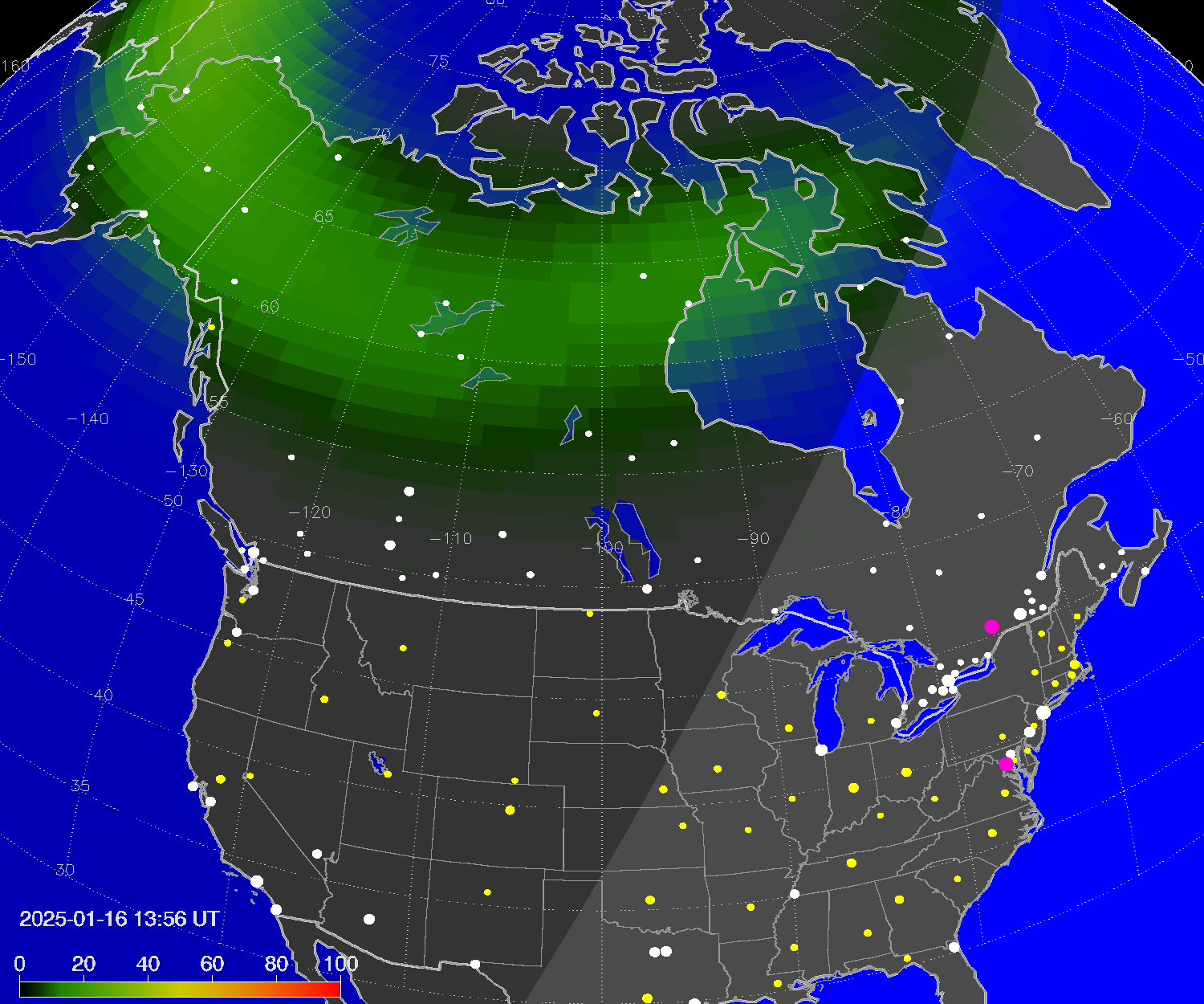 Northern lights (auroras) over North America