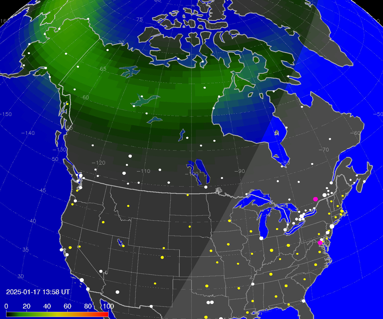 Northern lights (auroras) over North America