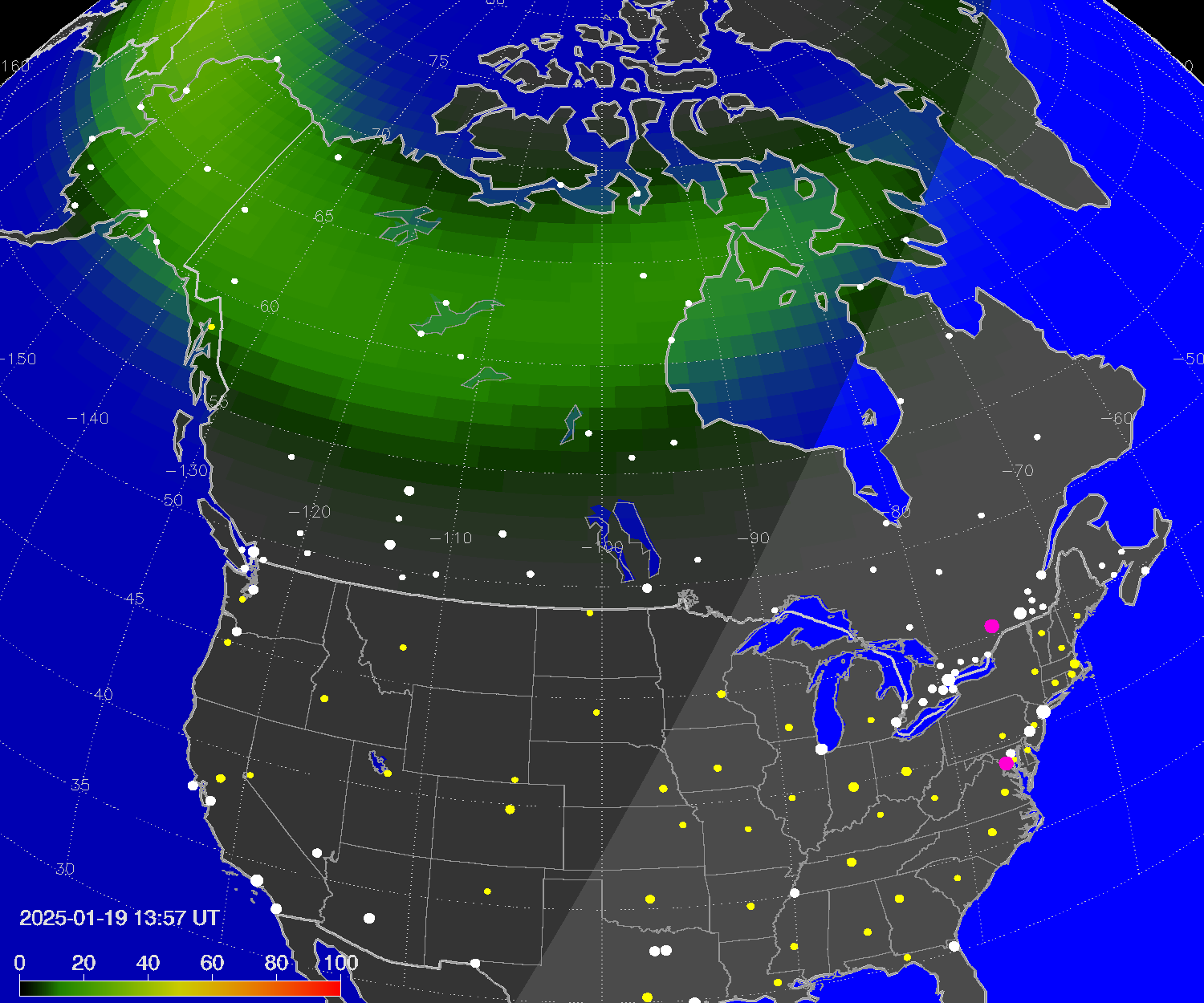 Northern lights (auroras) over North America