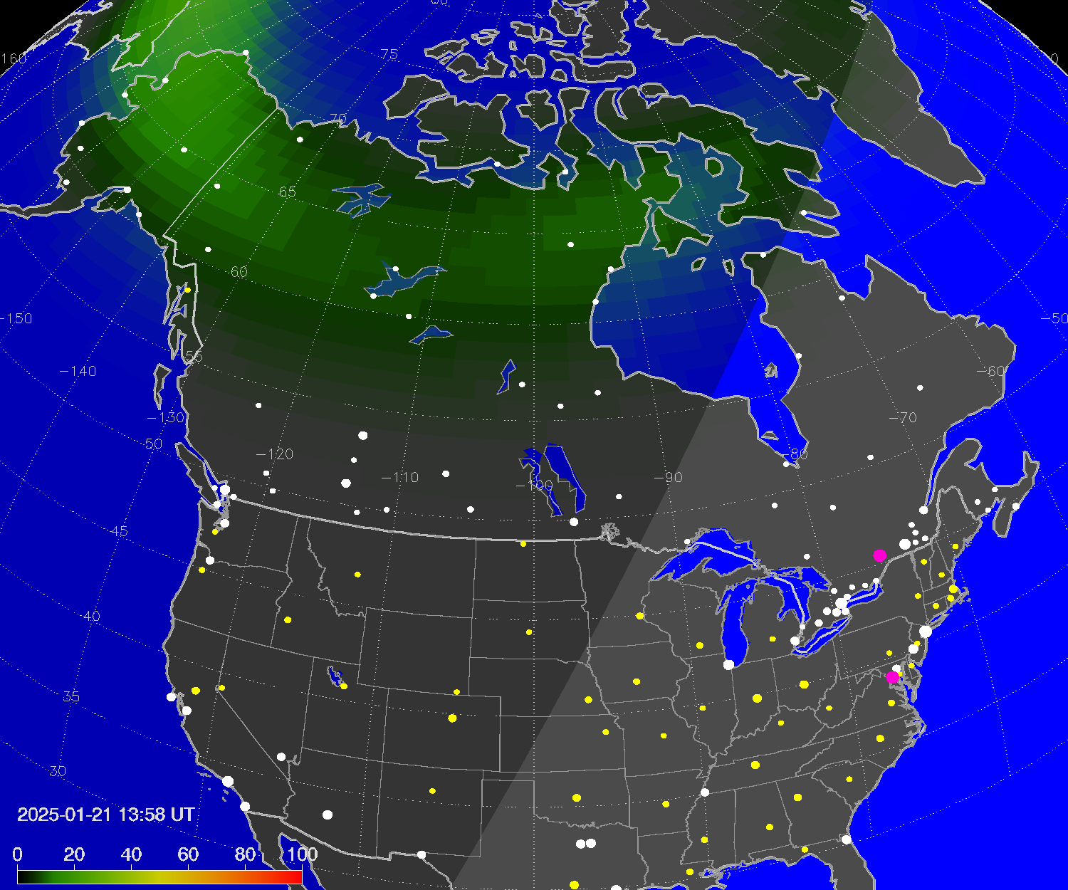 Northern lights (auroras) over North America