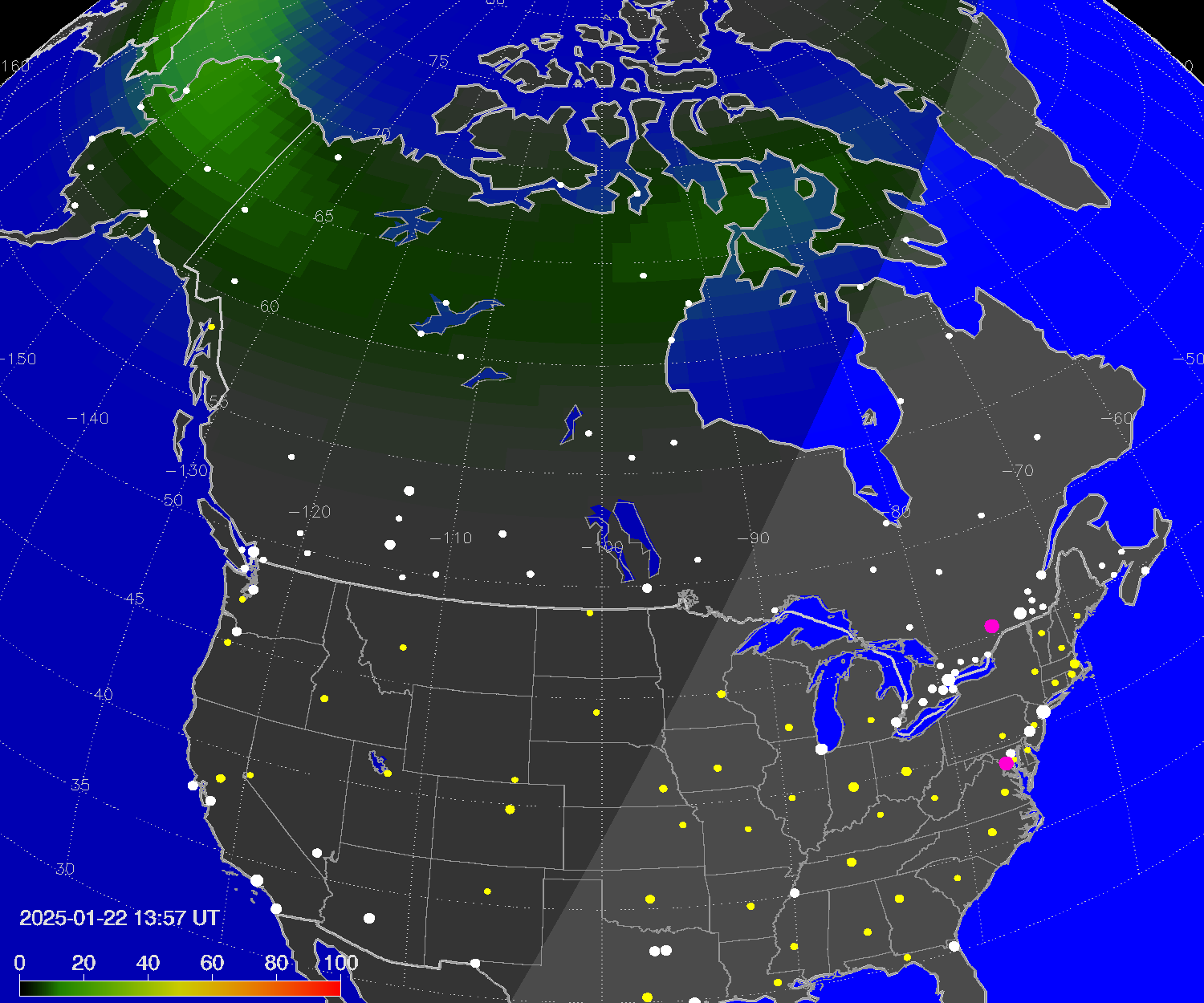 Northern lights (auroras) over North America