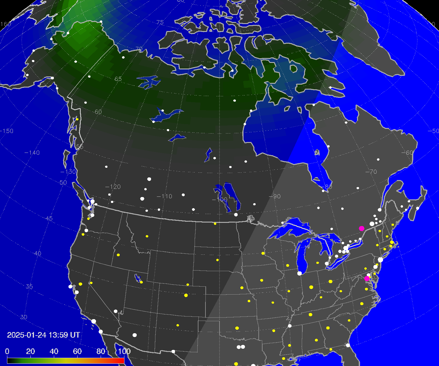 Northern lights (auroras) over North America