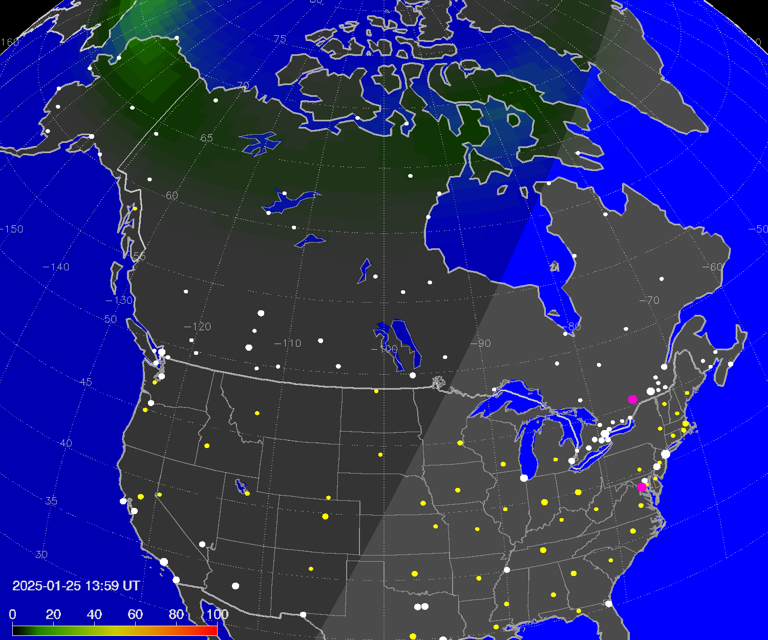 Northern lights (auroras) over North America