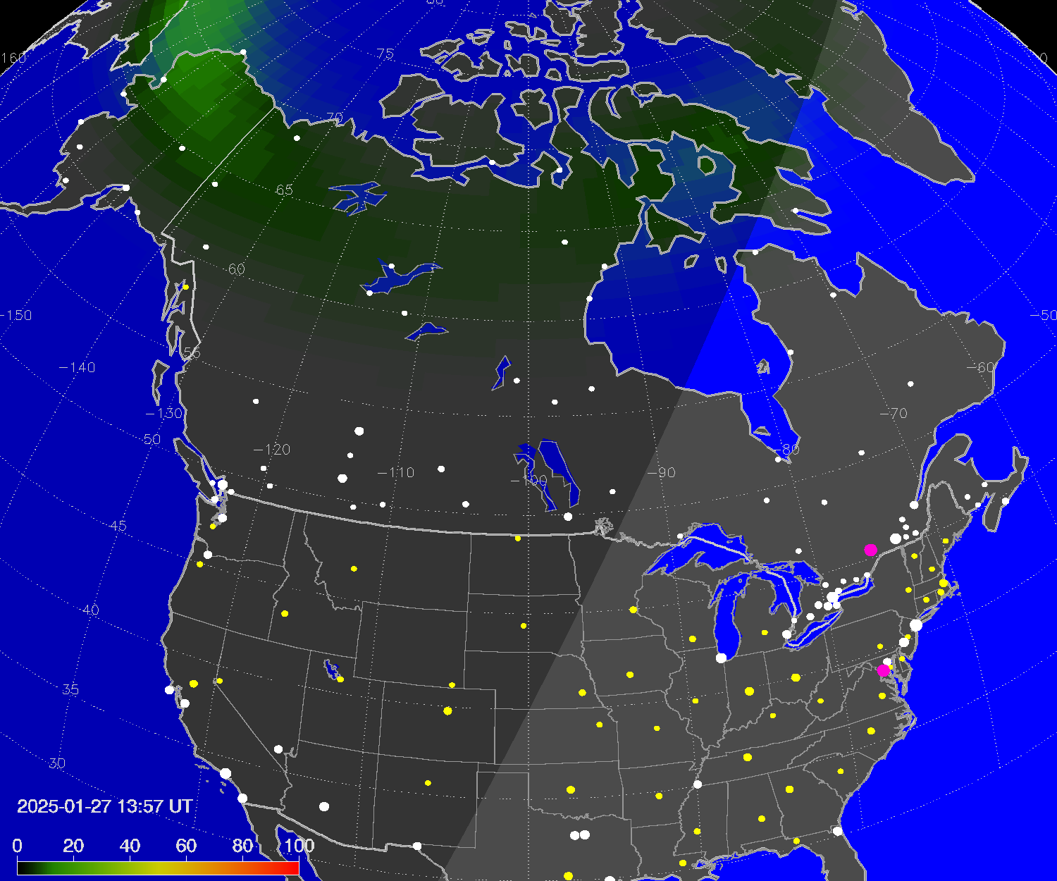 Northern lights (auroras) over North America