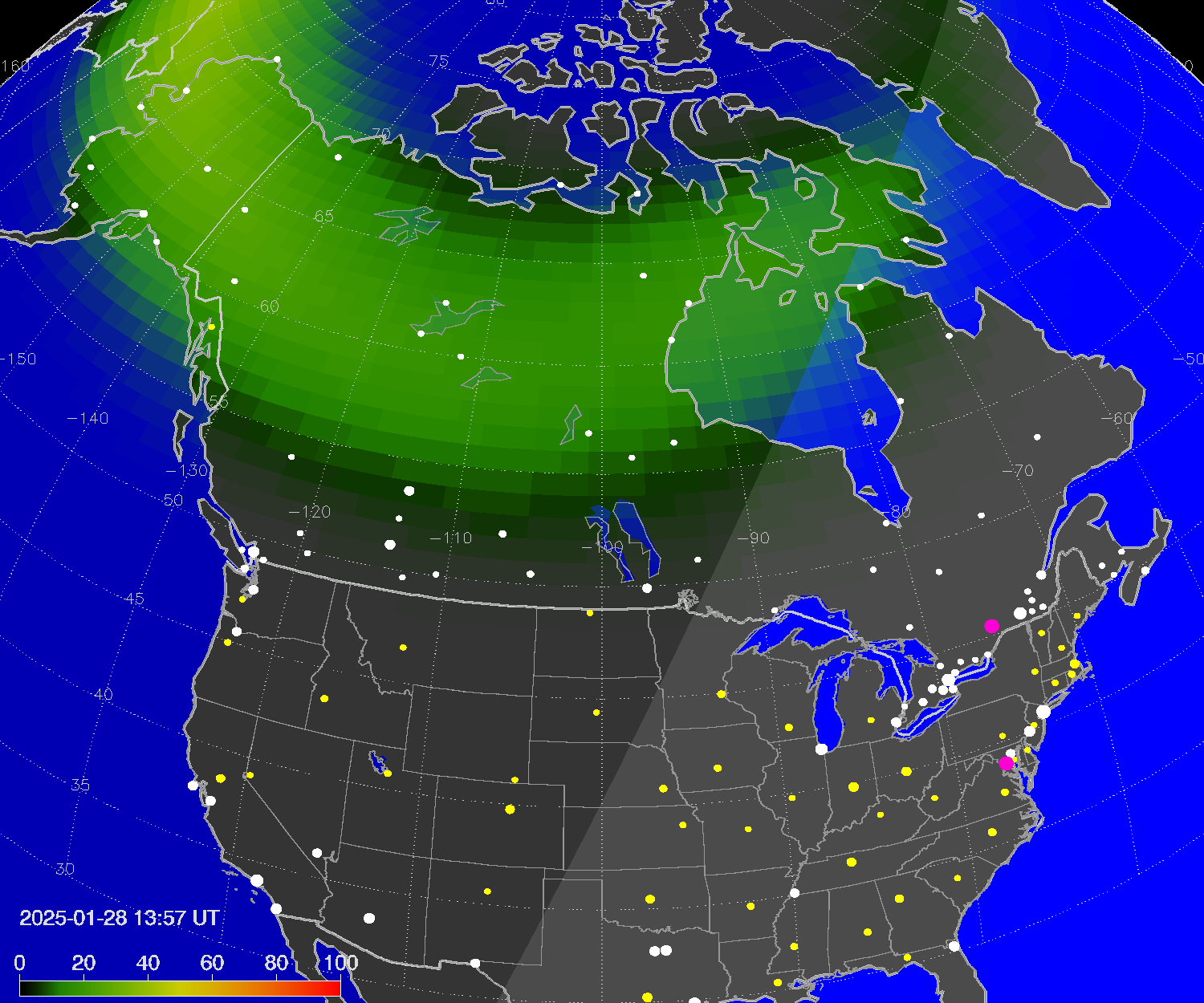 Northern lights (auroras) over North America