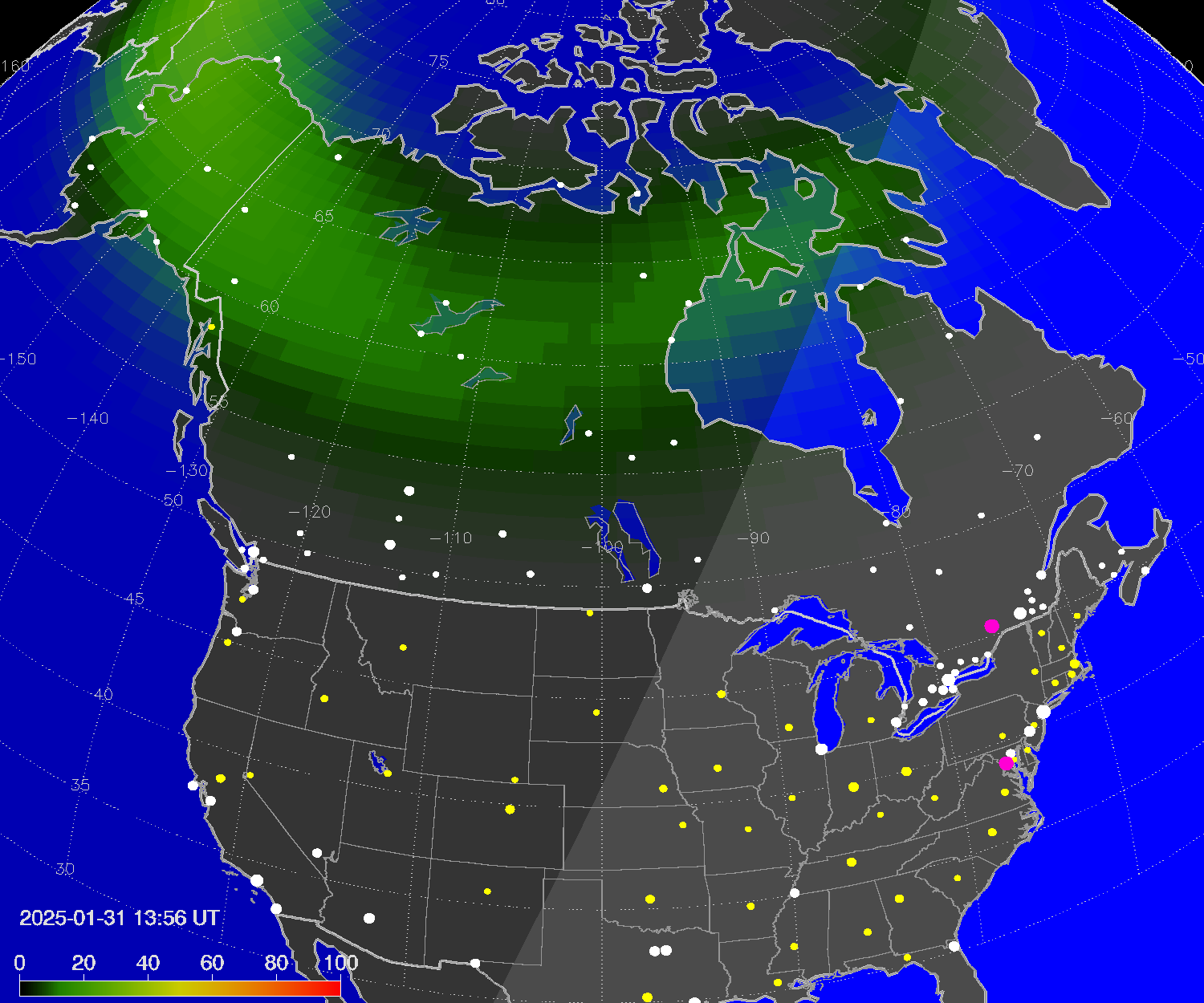 Northern lights (auroras) over North America