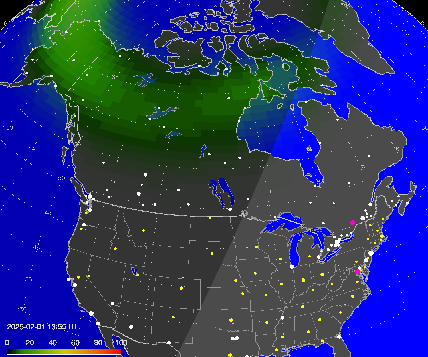 Northern lights (auroras) over North America