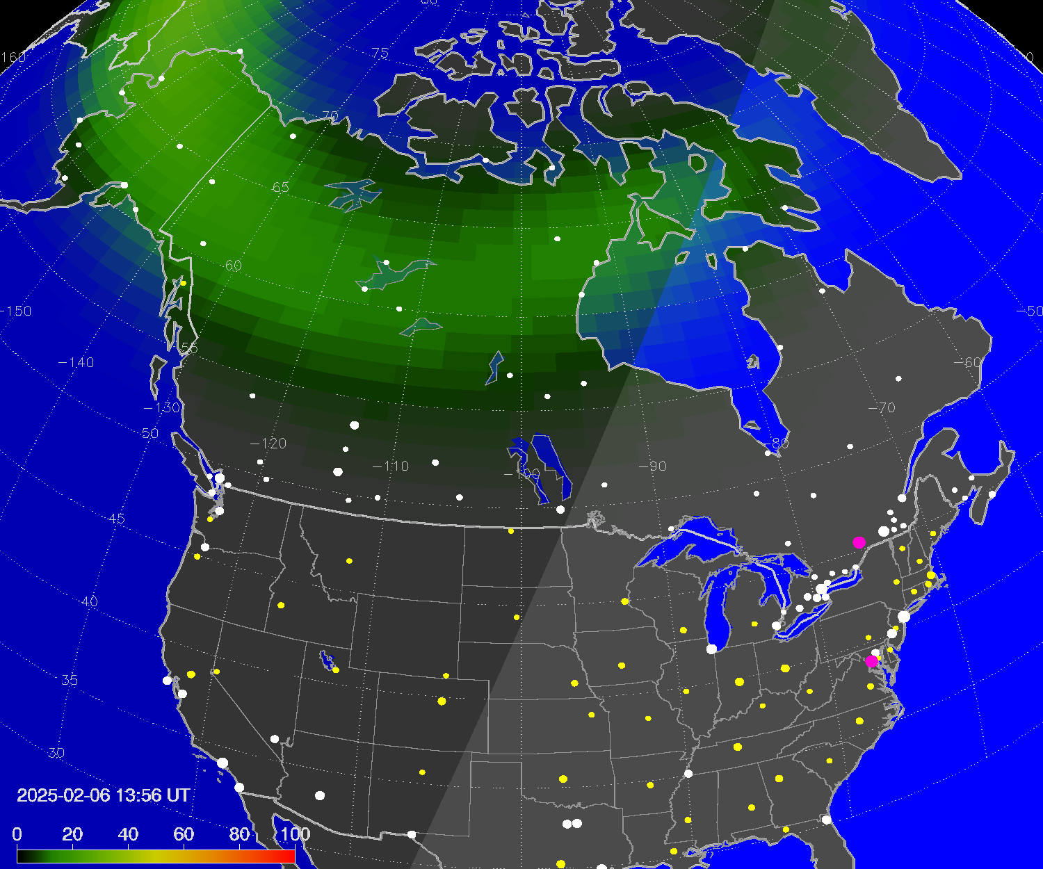 Northern lights (auroras) over North America