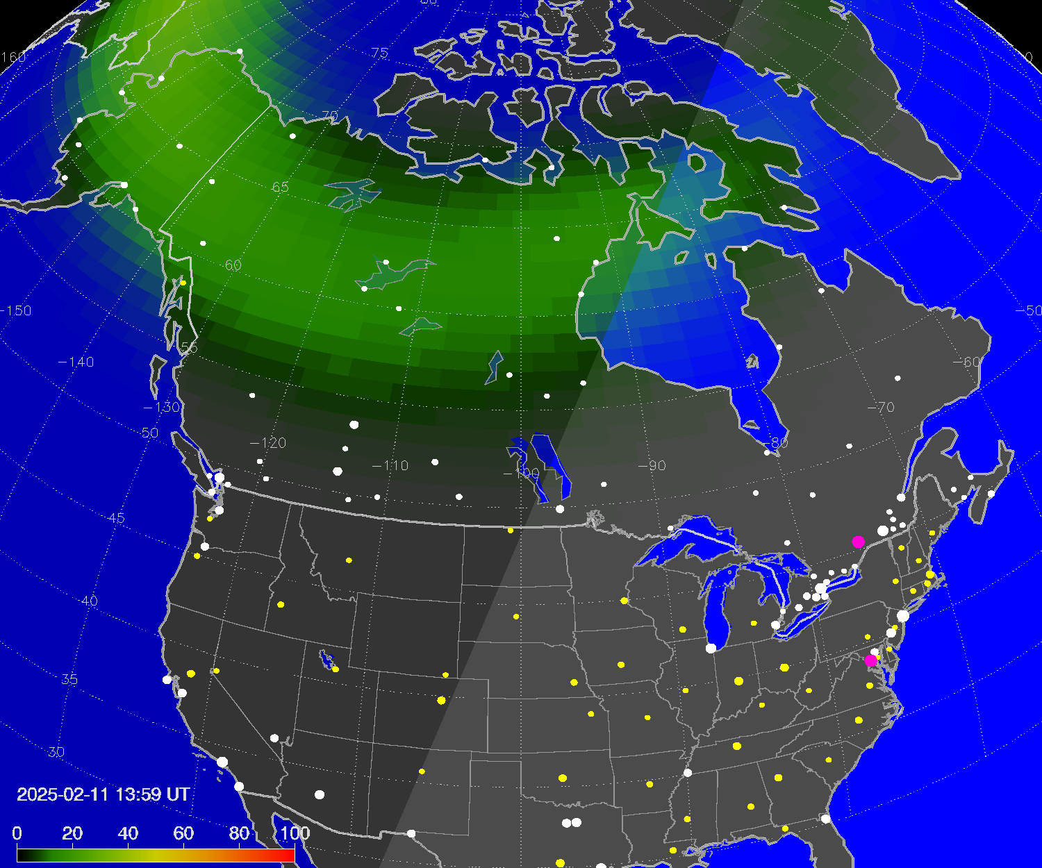 Northern lights (auroras) over North America