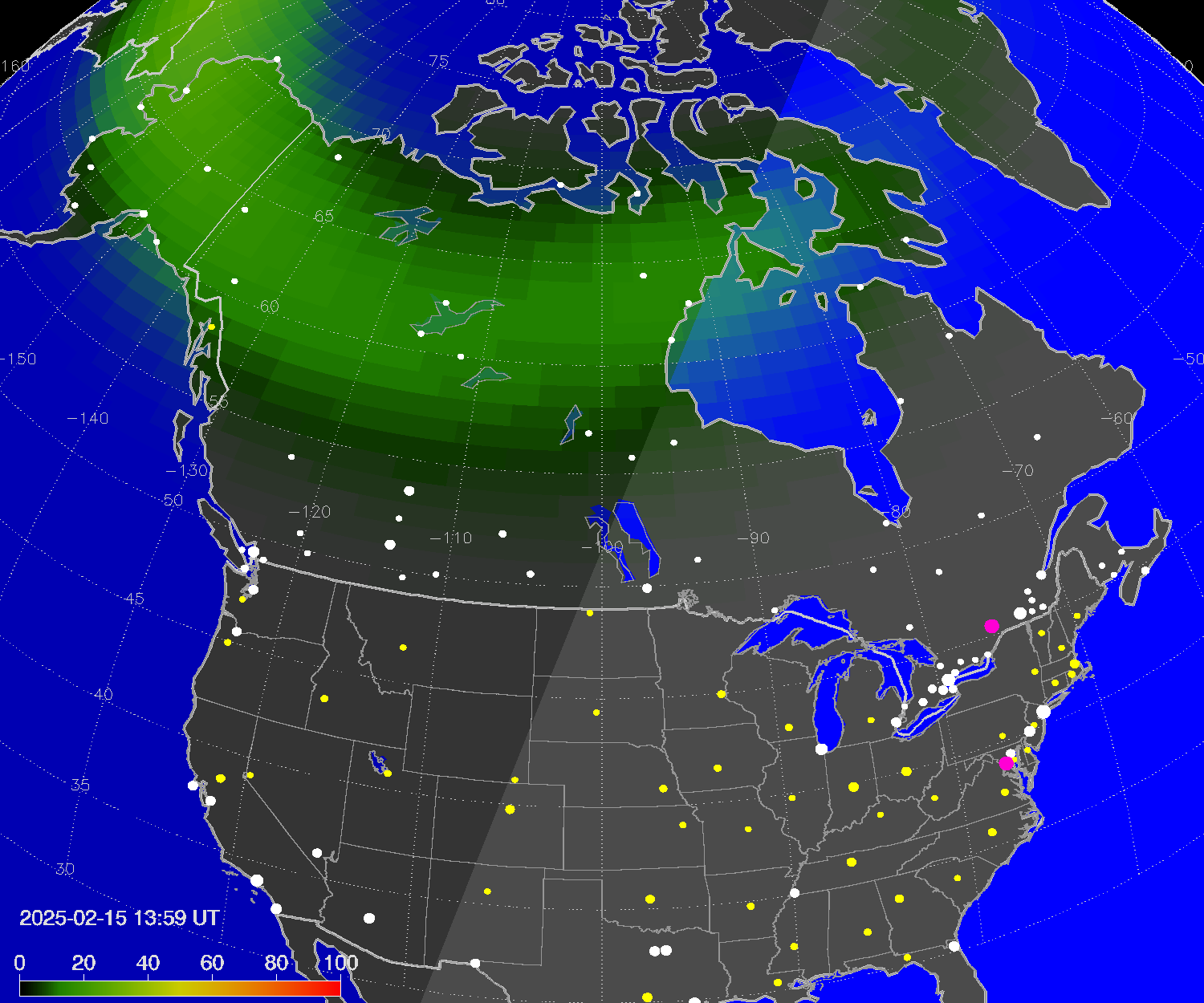 Northern lights (auroras) over North America