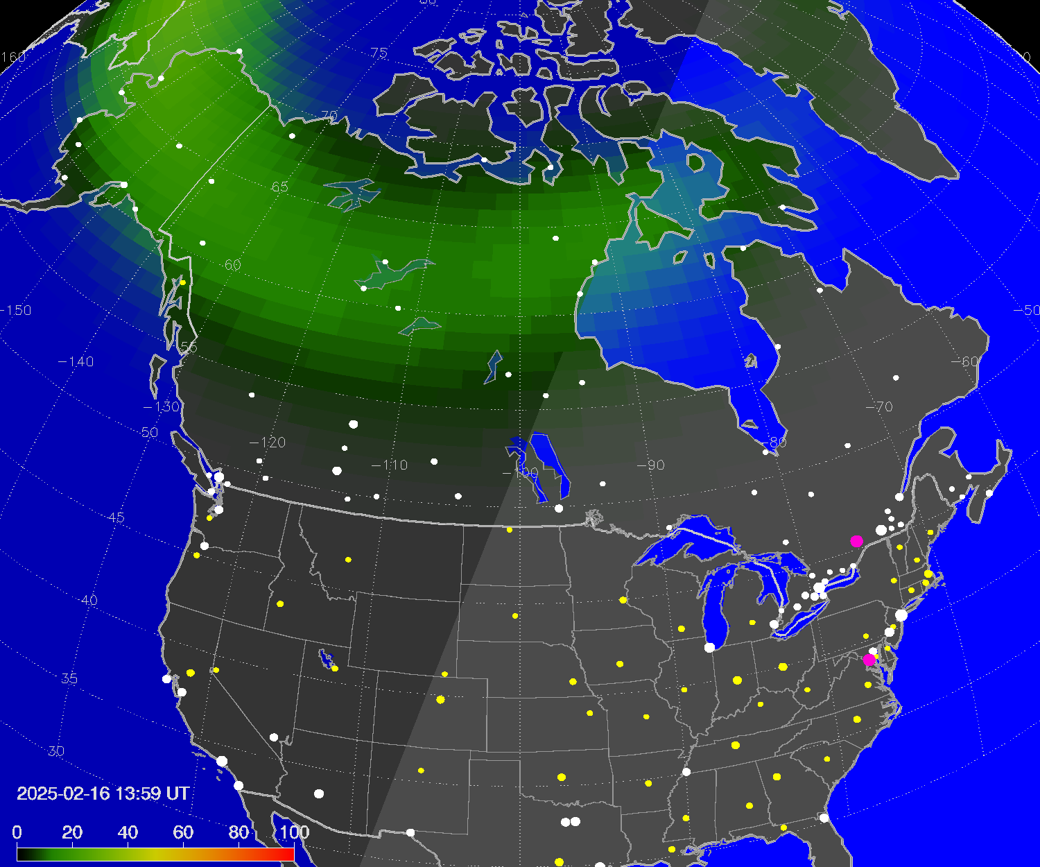 Northern lights (auroras) over North America