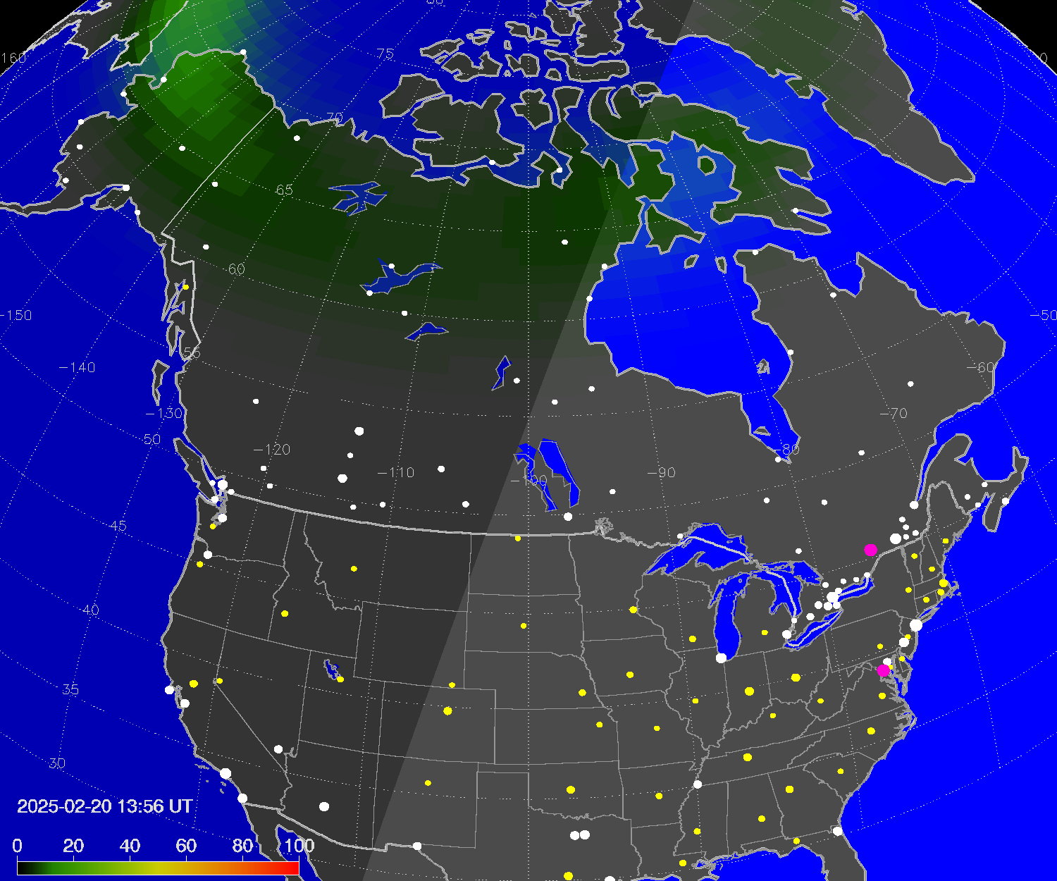 Northern lights (auroras) over North America
