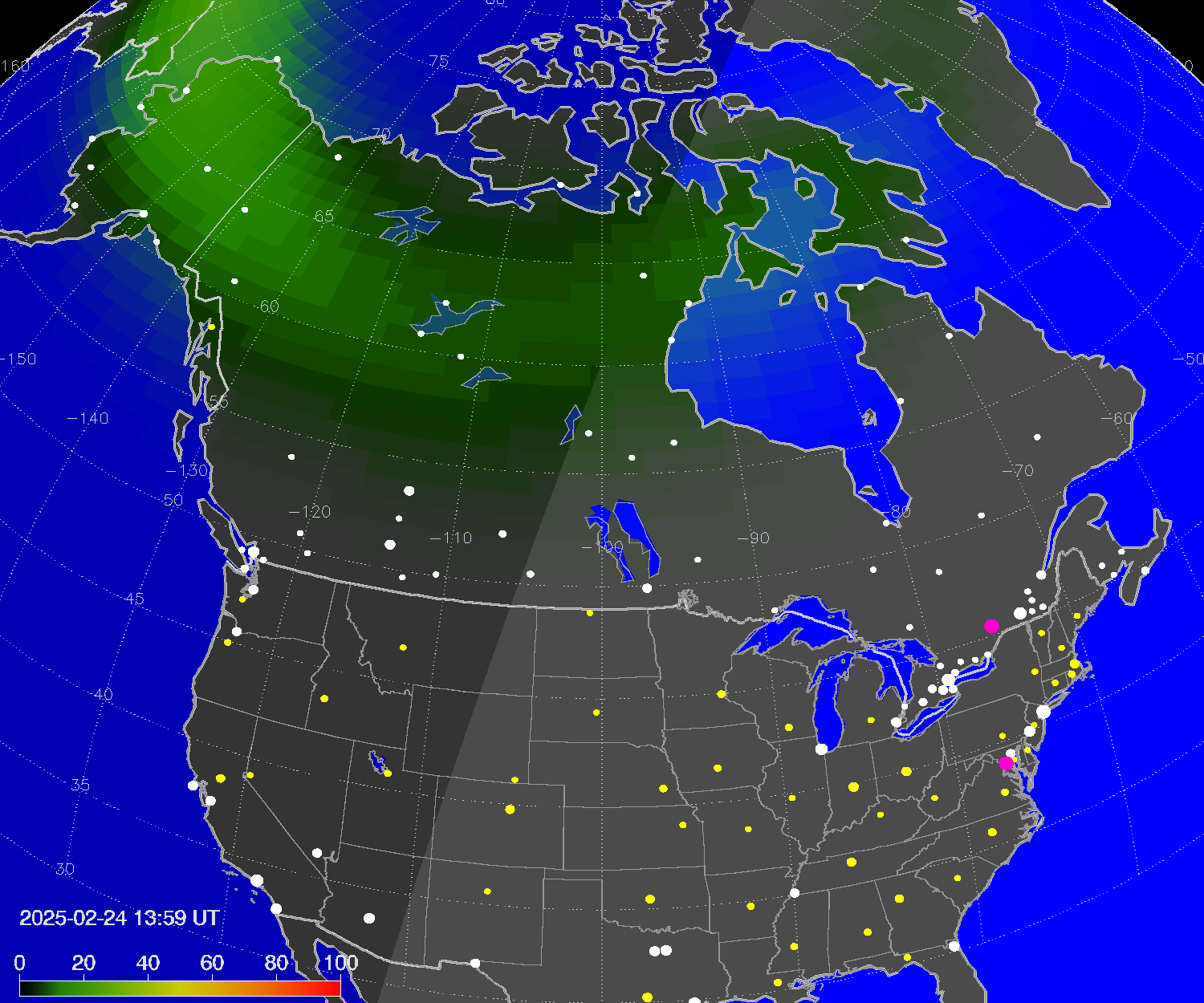 Northern lights (auroras) over North America
