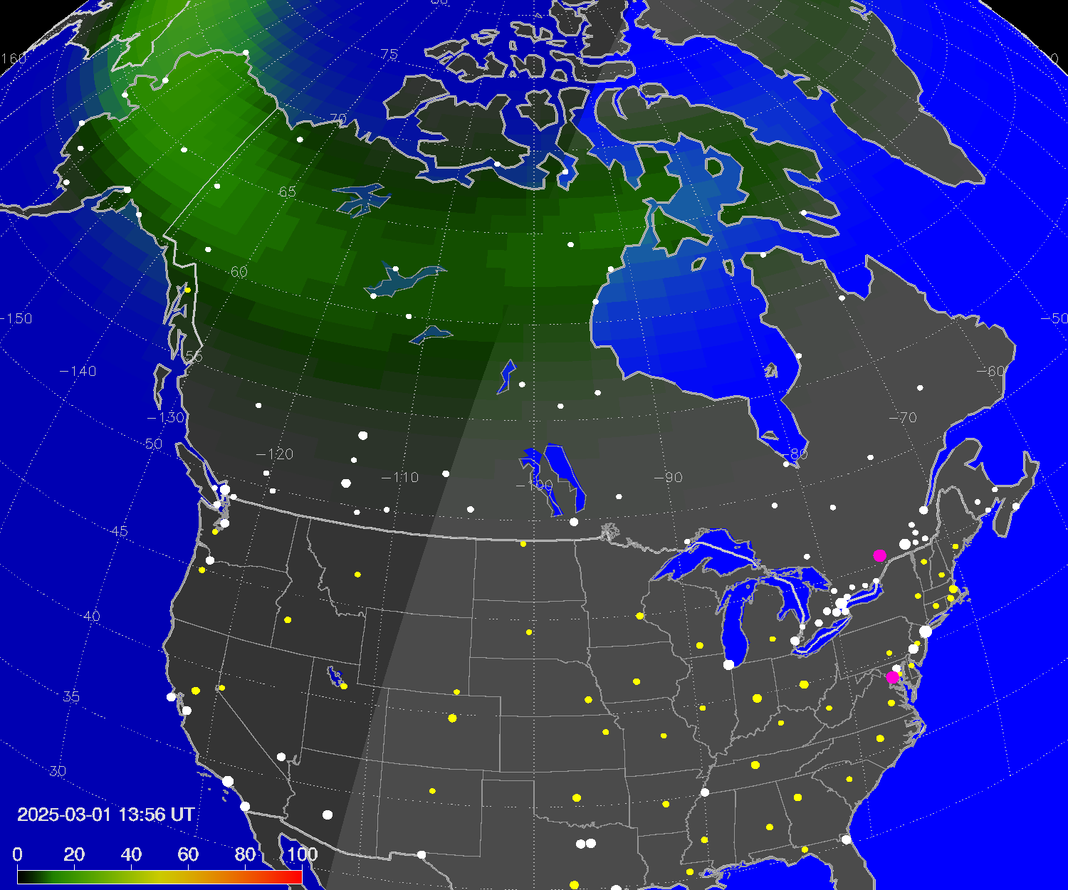 Northern lights (auroras) over North America