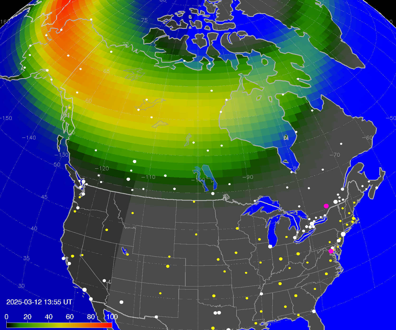 Northern lights (auroras) over North America