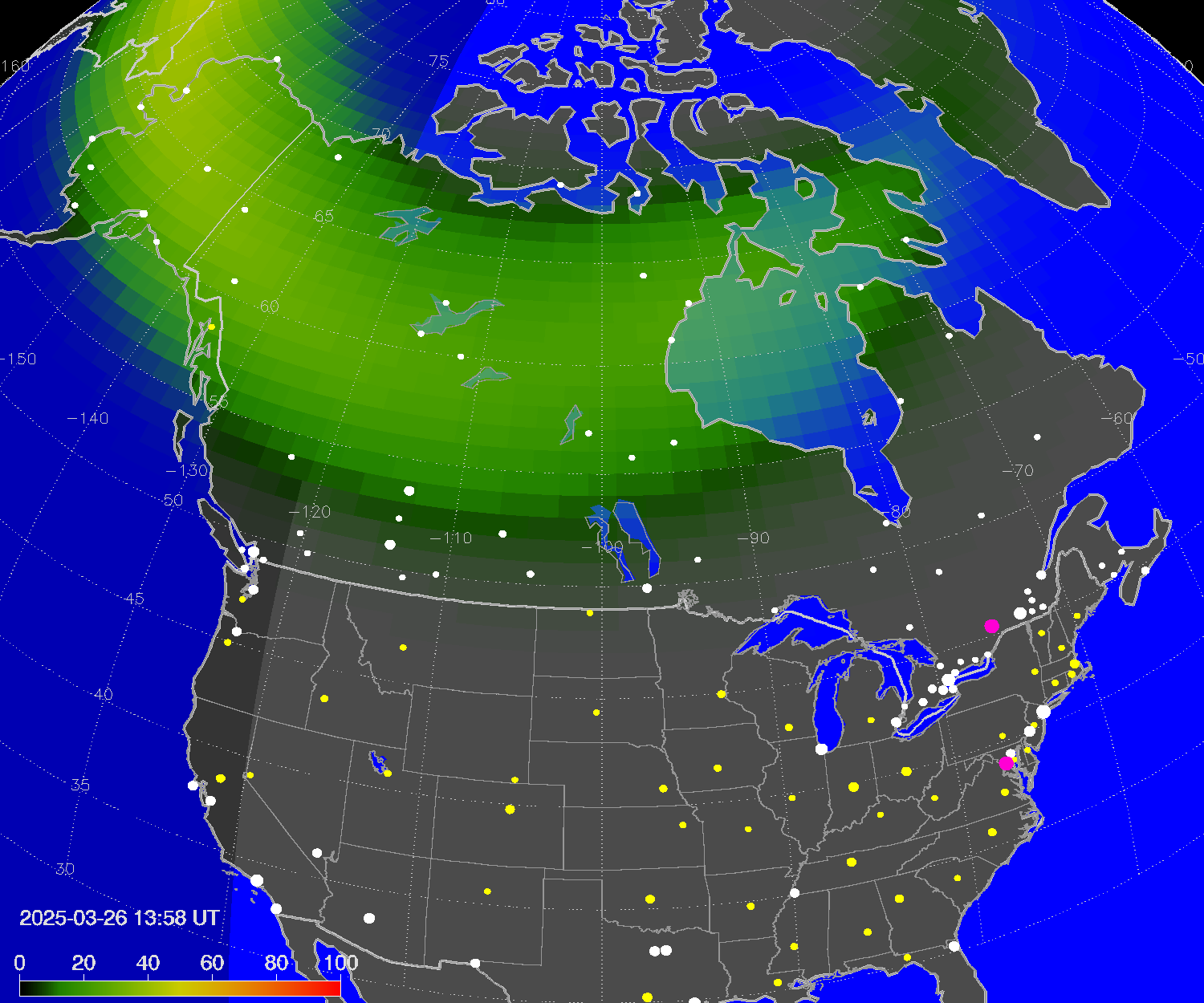 Northern lights (auroras) over North America