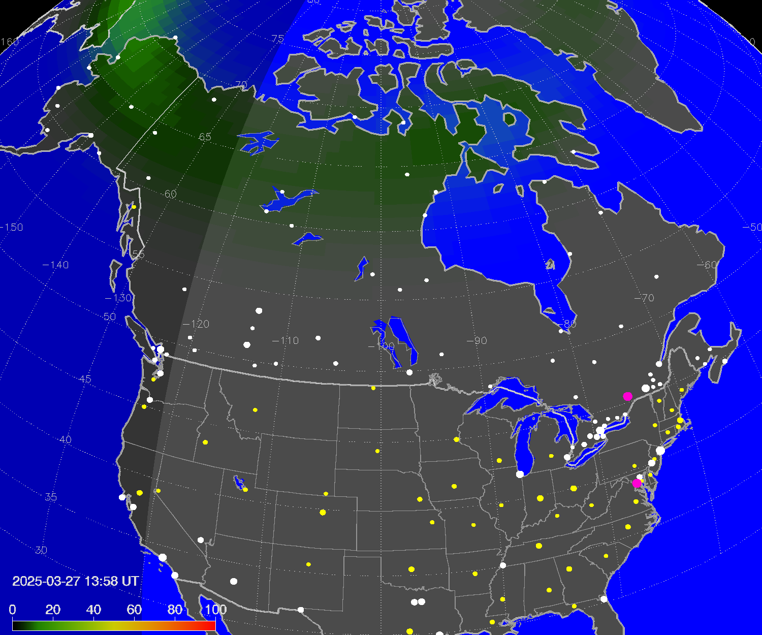 Northern lights (auroras) over North America