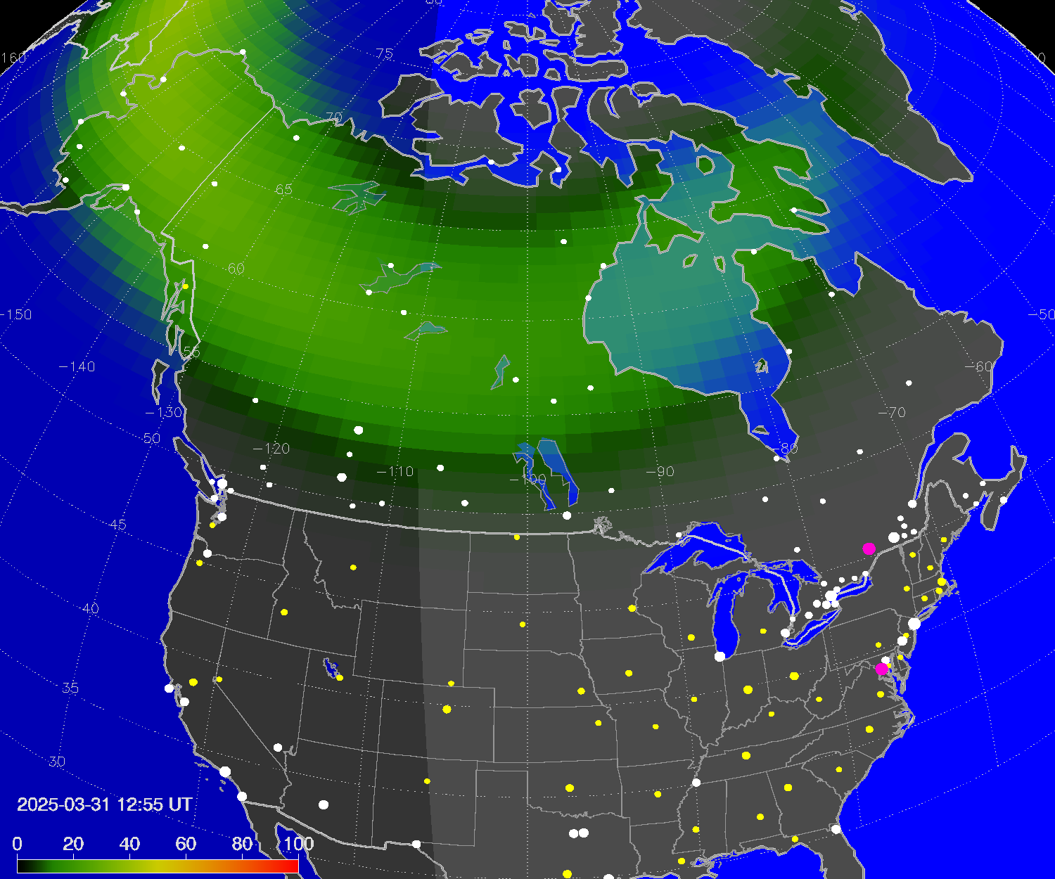 Northern lights (auroras) over North America