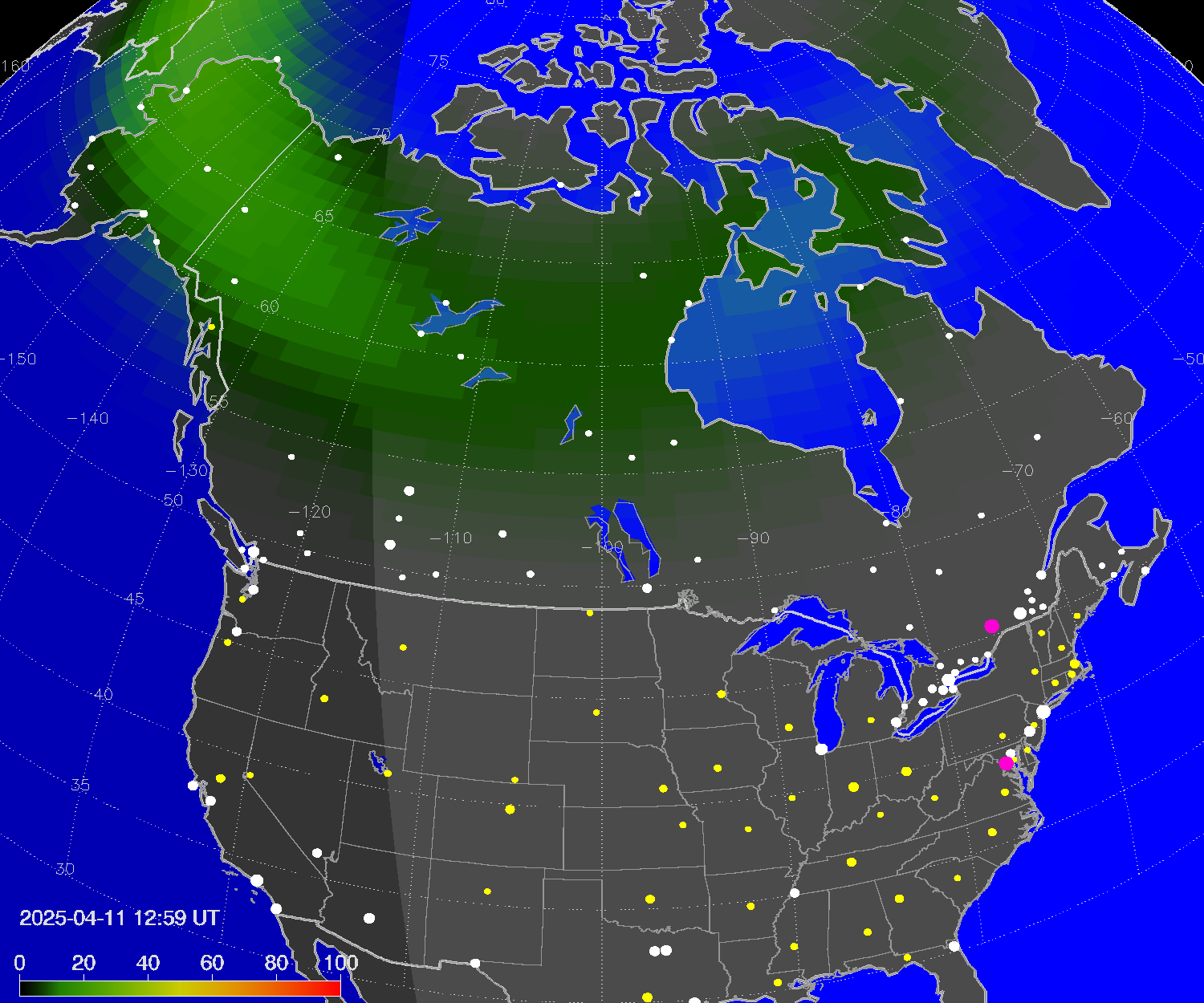 Northern lights (auroras) over North America