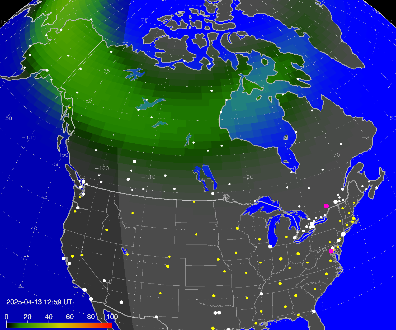 Northern lights (auroras) over North America