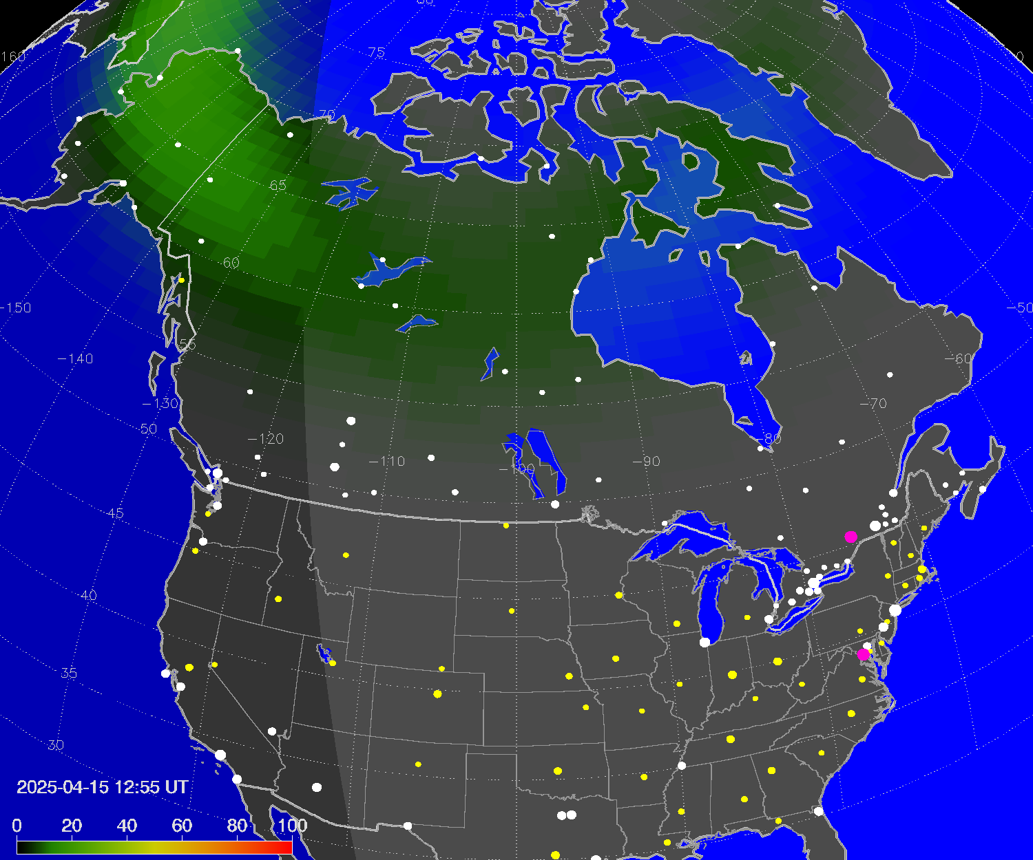 Northern lights (auroras) over North America