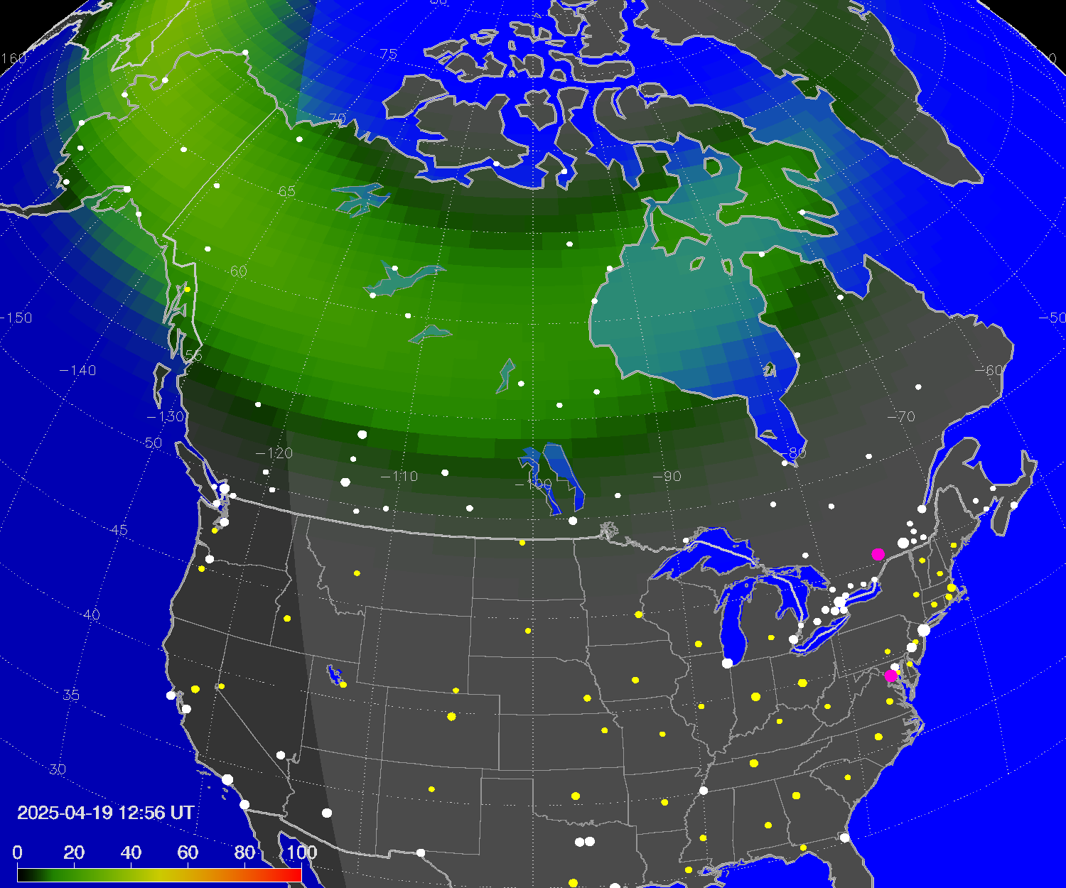 Northern lights (auroras) over North America
