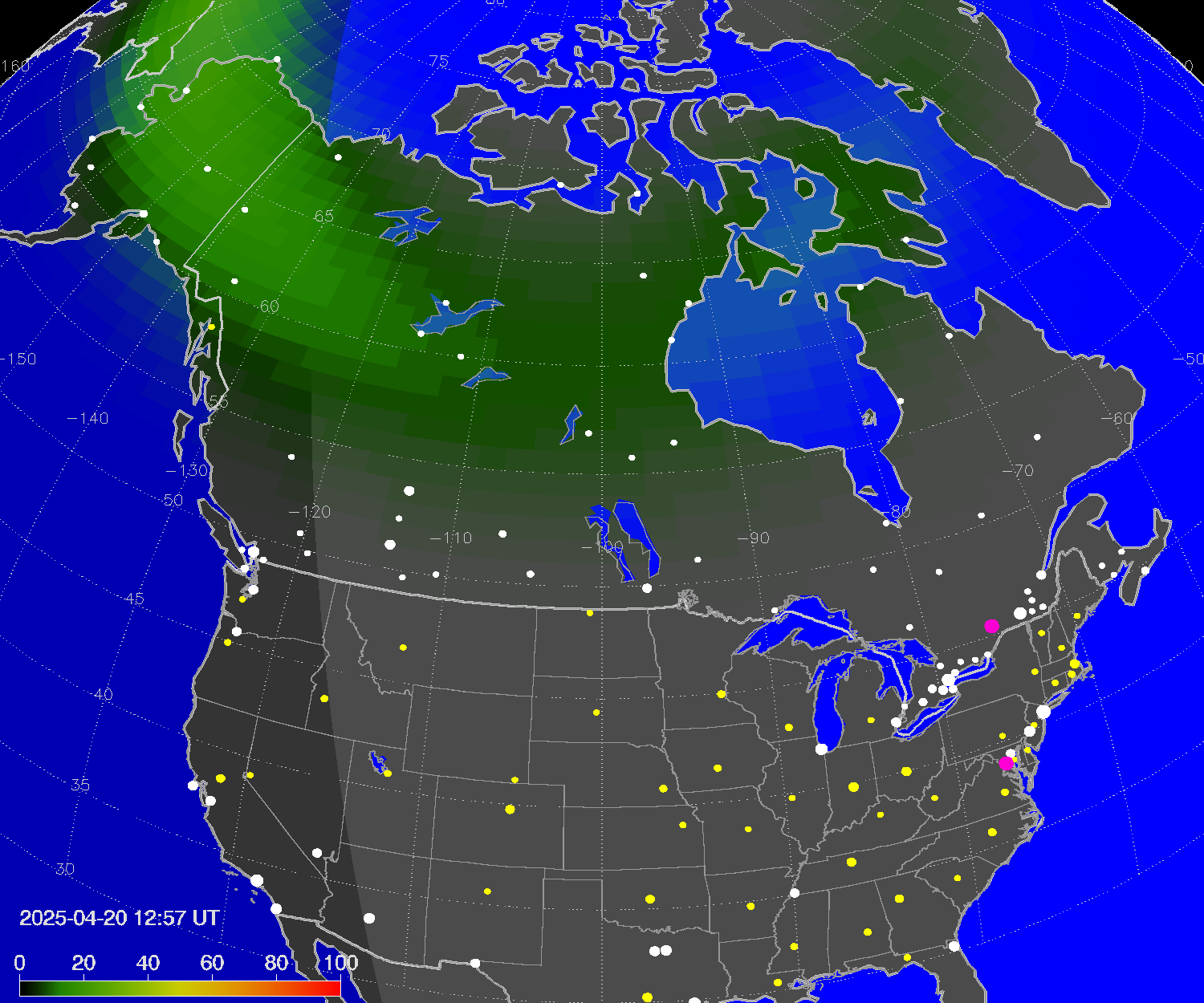 Northern lights (auroras) over North America