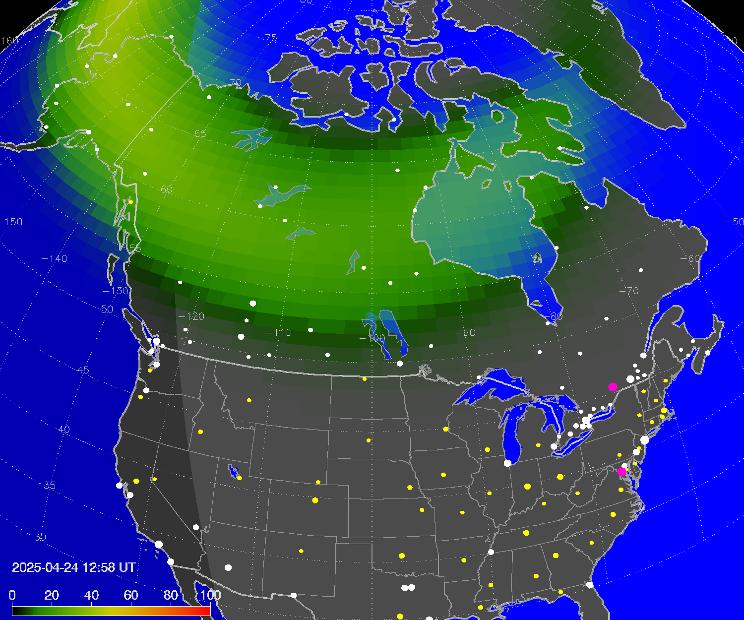 Northern lights (auroras) over North America
