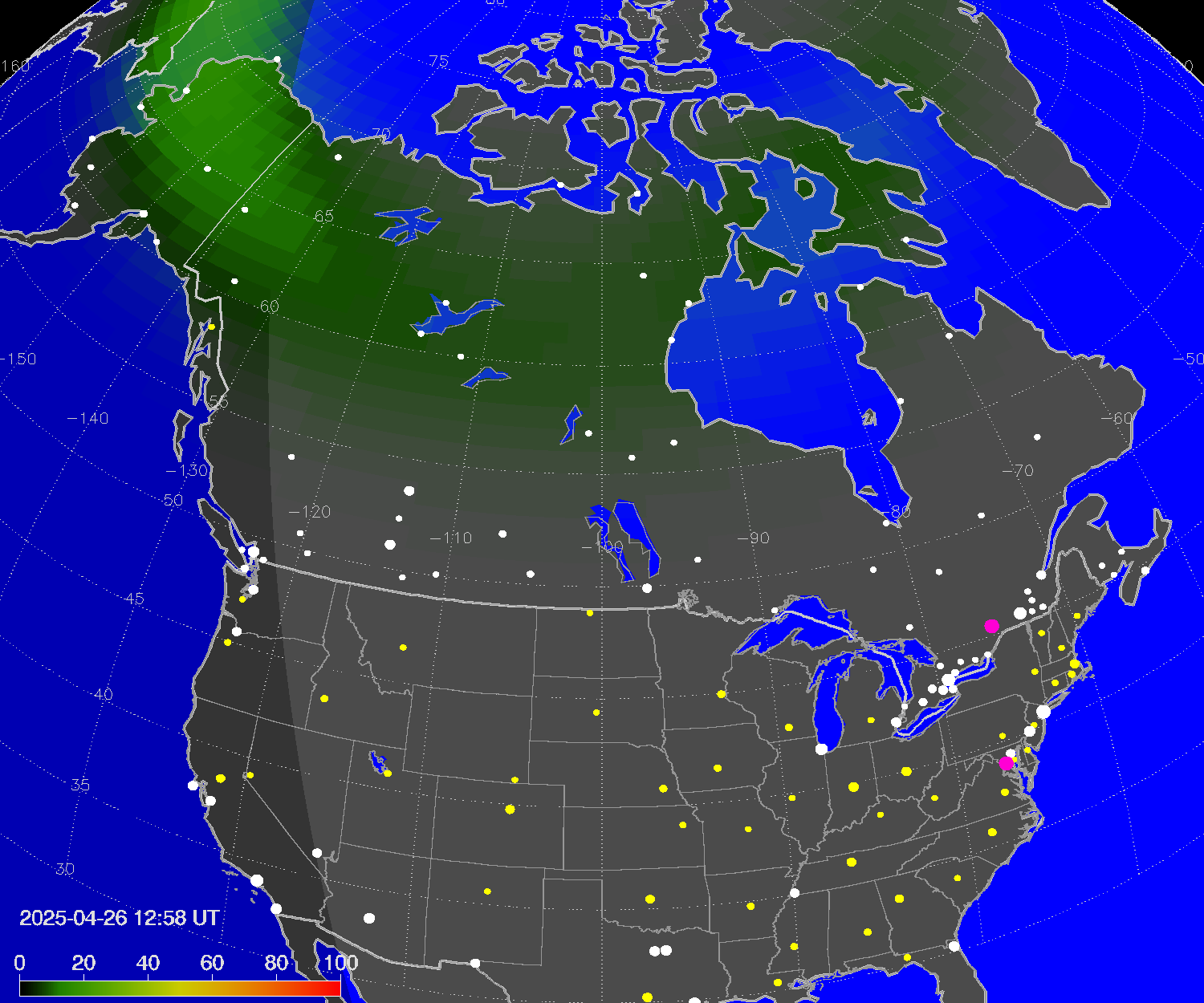 Northern lights (auroras) over North America