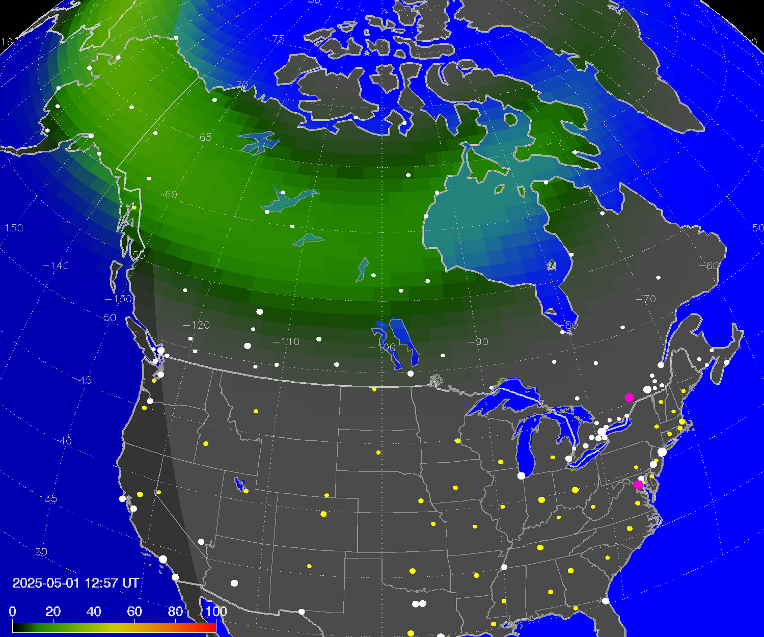 Northern lights (auroras) over North America
