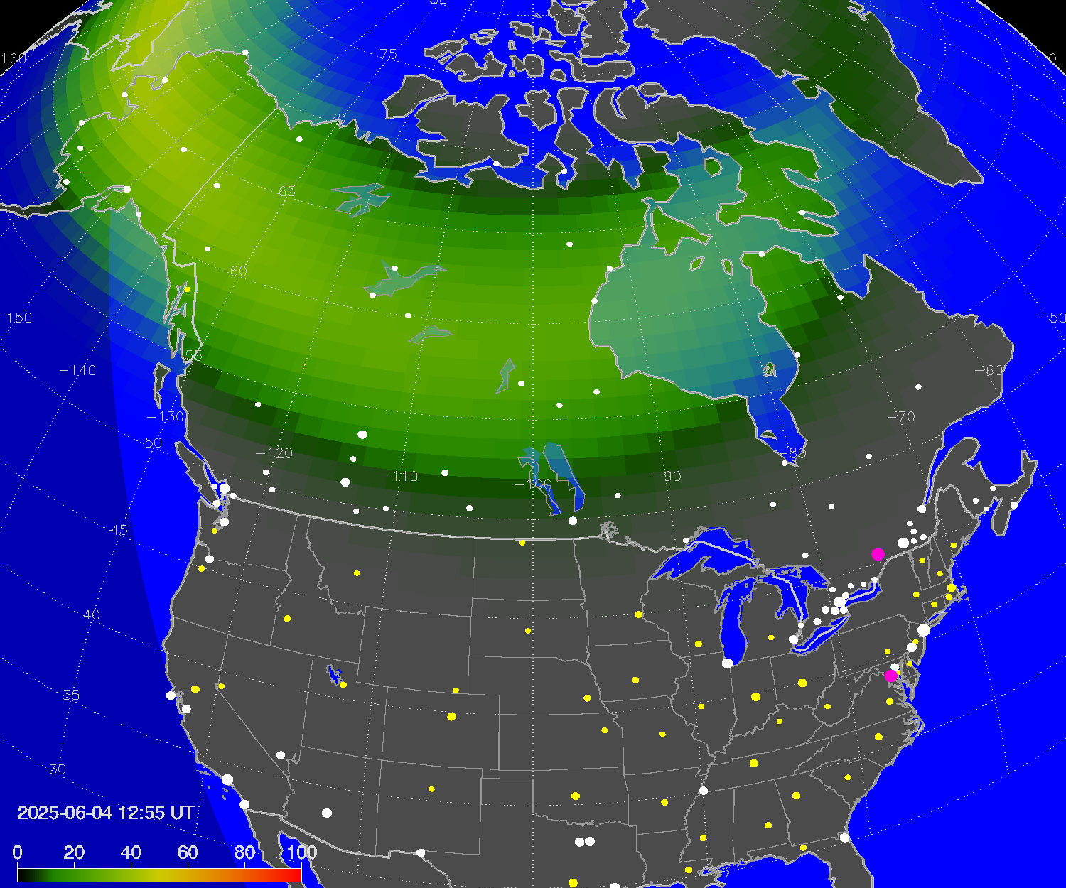 Northern lights (auroras) over North America