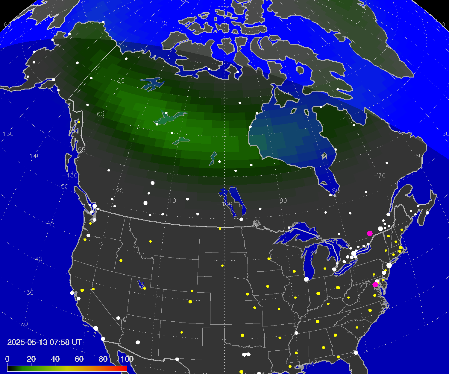 Northern lights (auroras) over North America