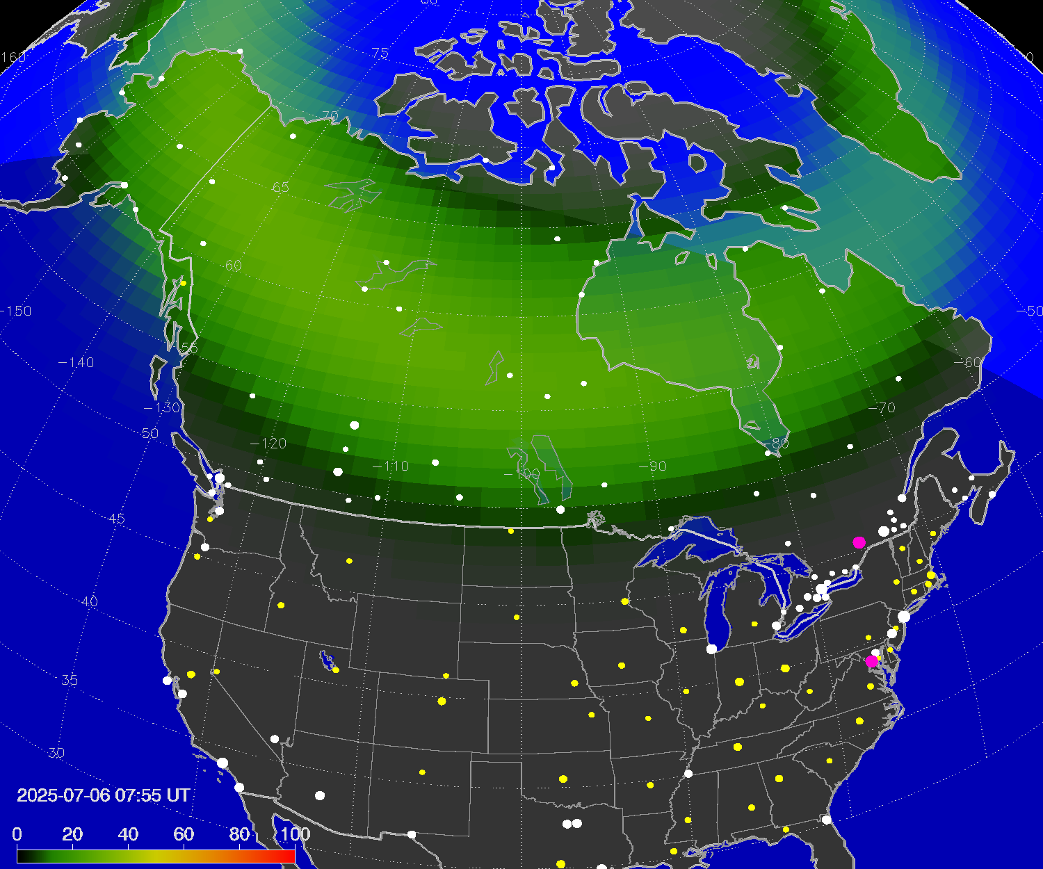 Northern lights (auroras) over North America