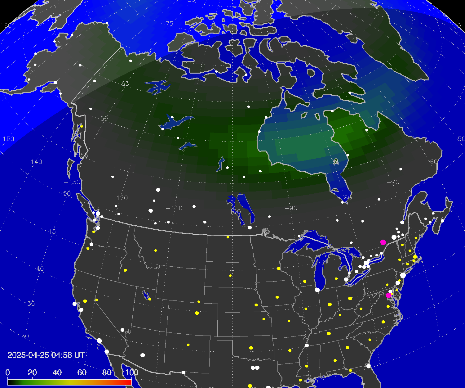 Northern lights (auroras) over North America