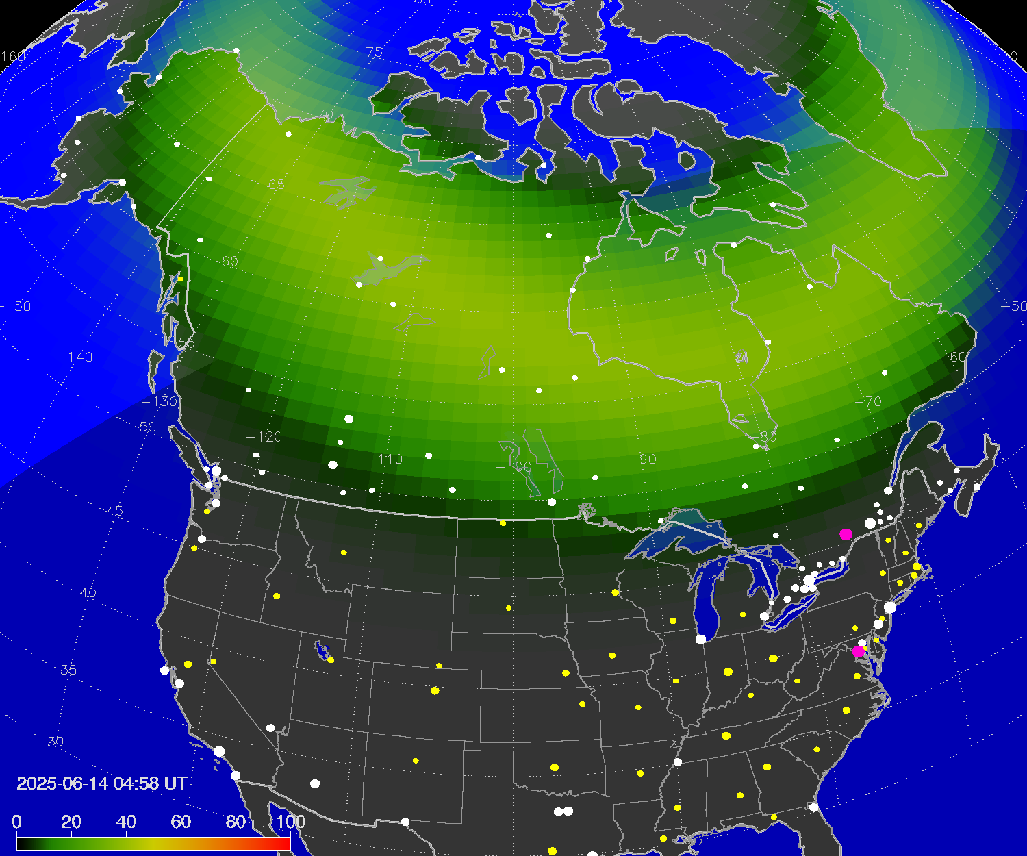 Northern lights (auroras) over North America