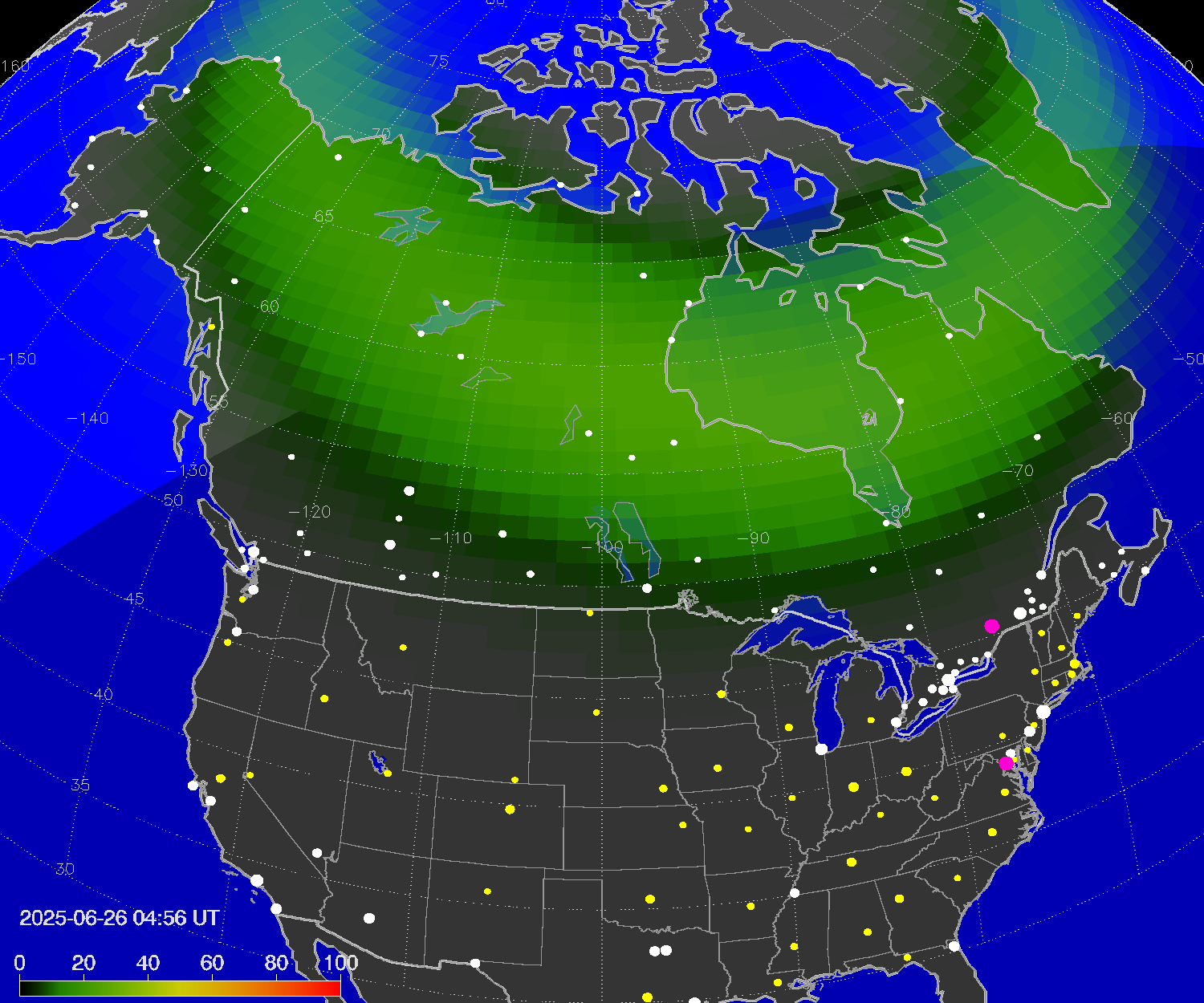 Northern lights (auroras) over North America