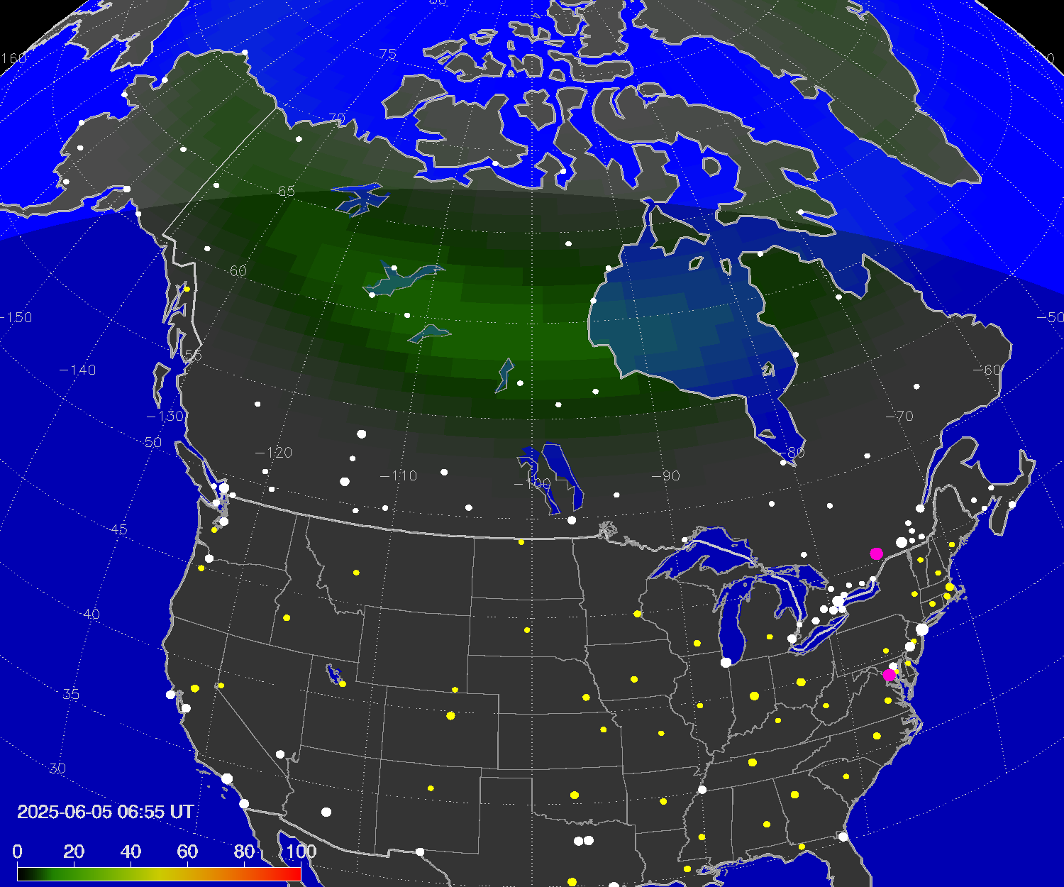 Northern lights (auroras) over North America
