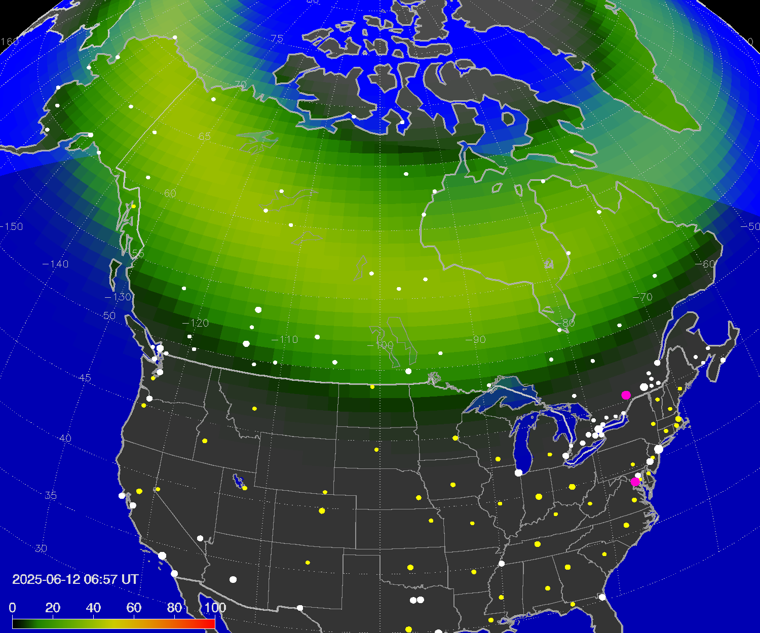 Northern lights (auroras) over North America