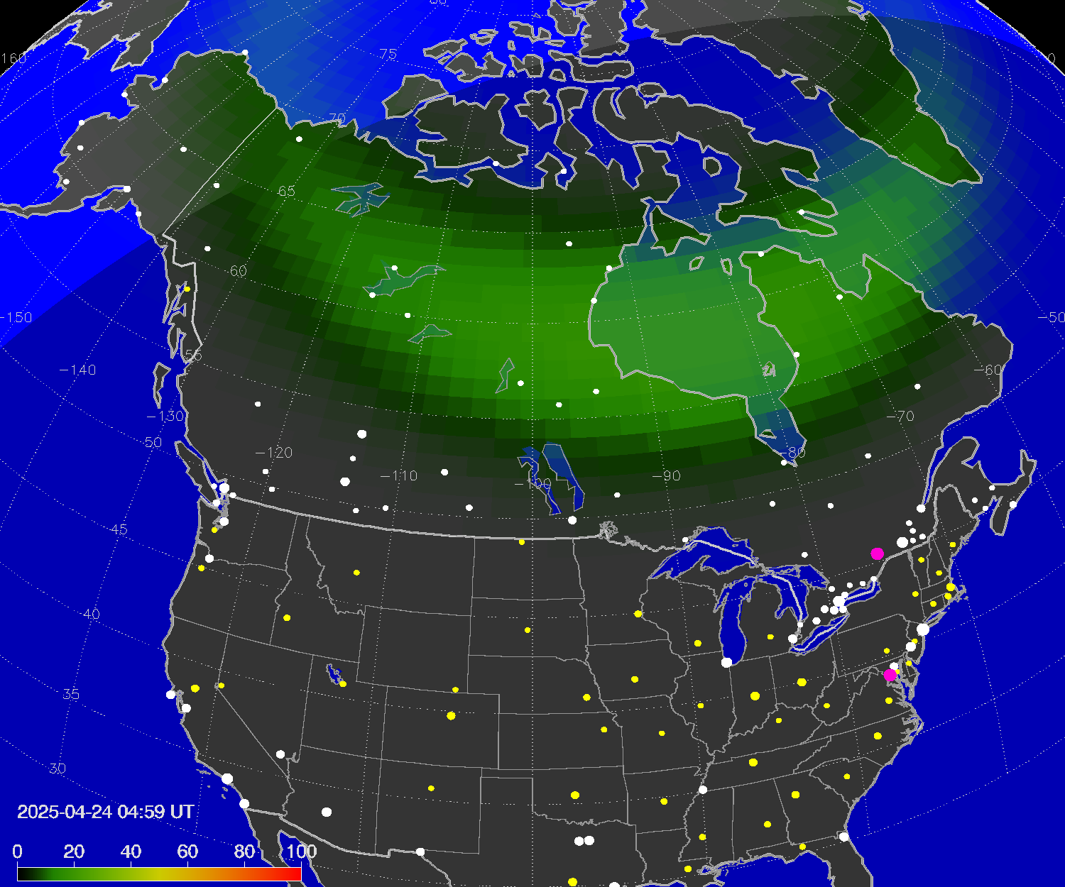 Northern lights (auroras) over North America