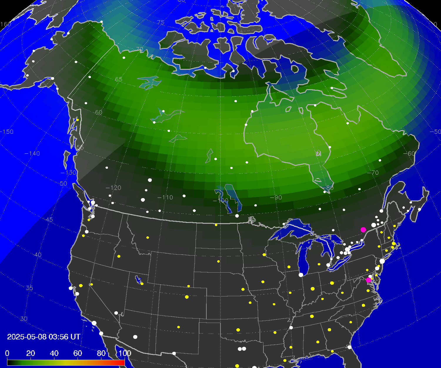 Northern lights (auroras) over North America