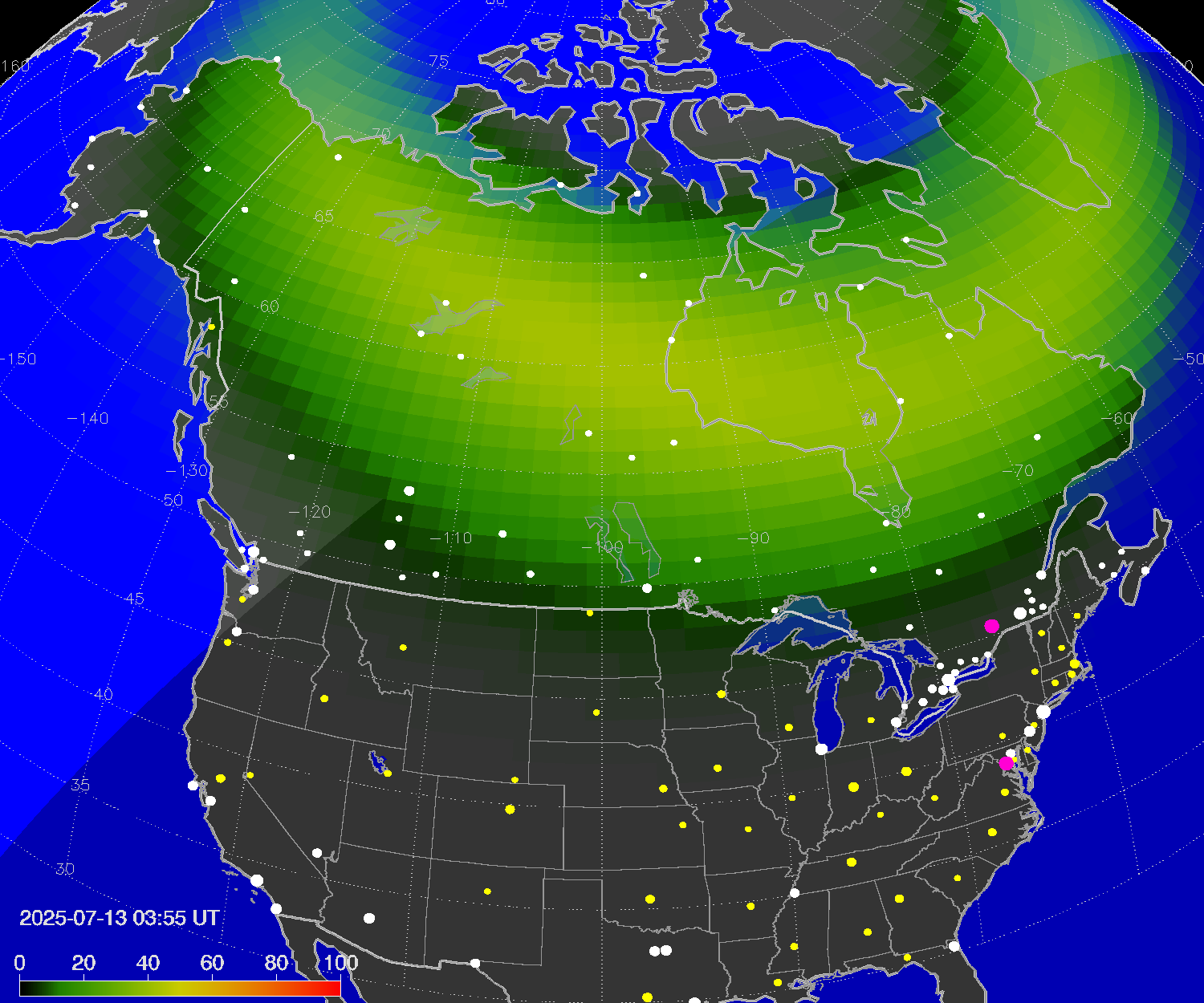 Northern lights (auroras) over North America