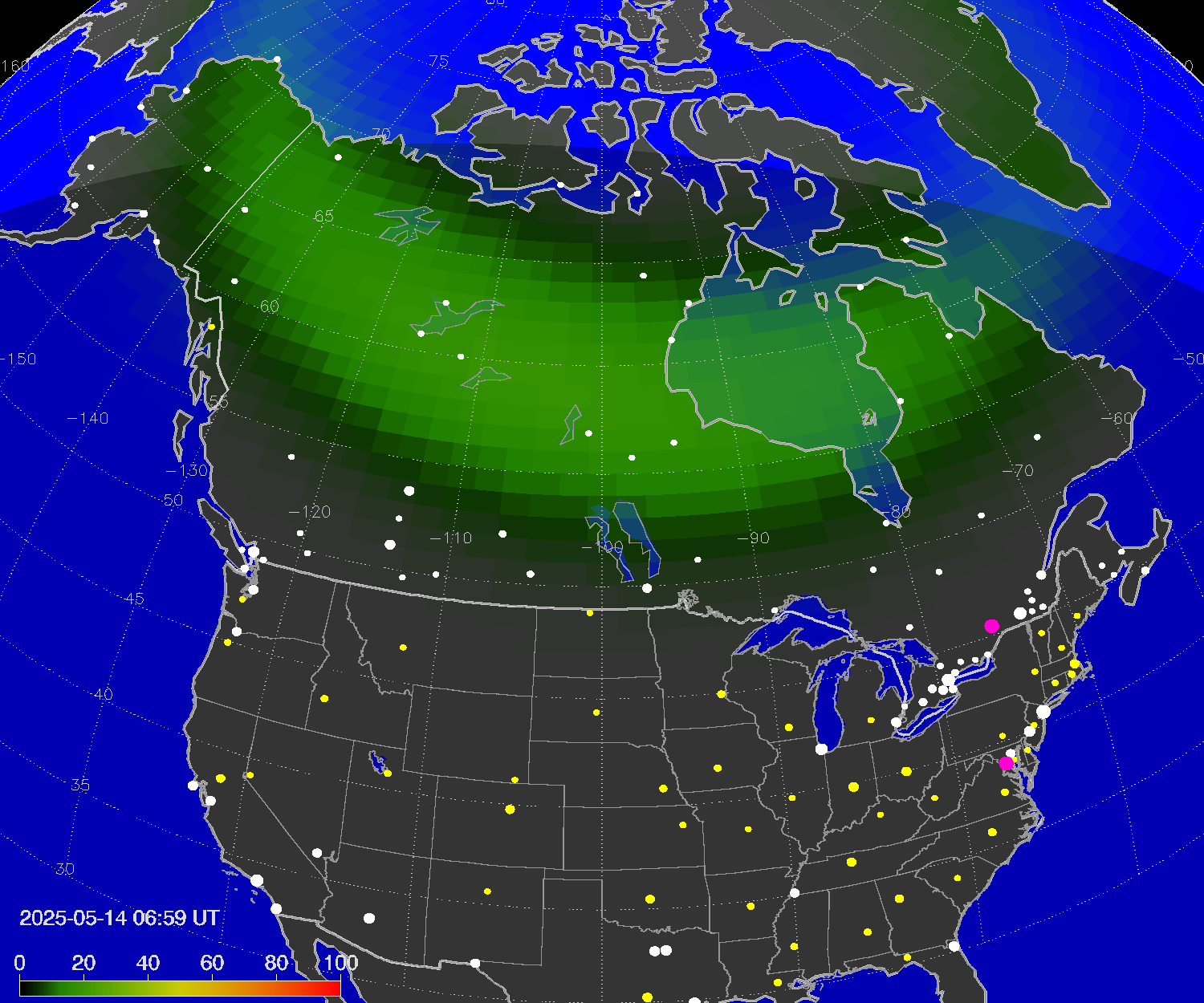 Northern lights (auroras) over North America