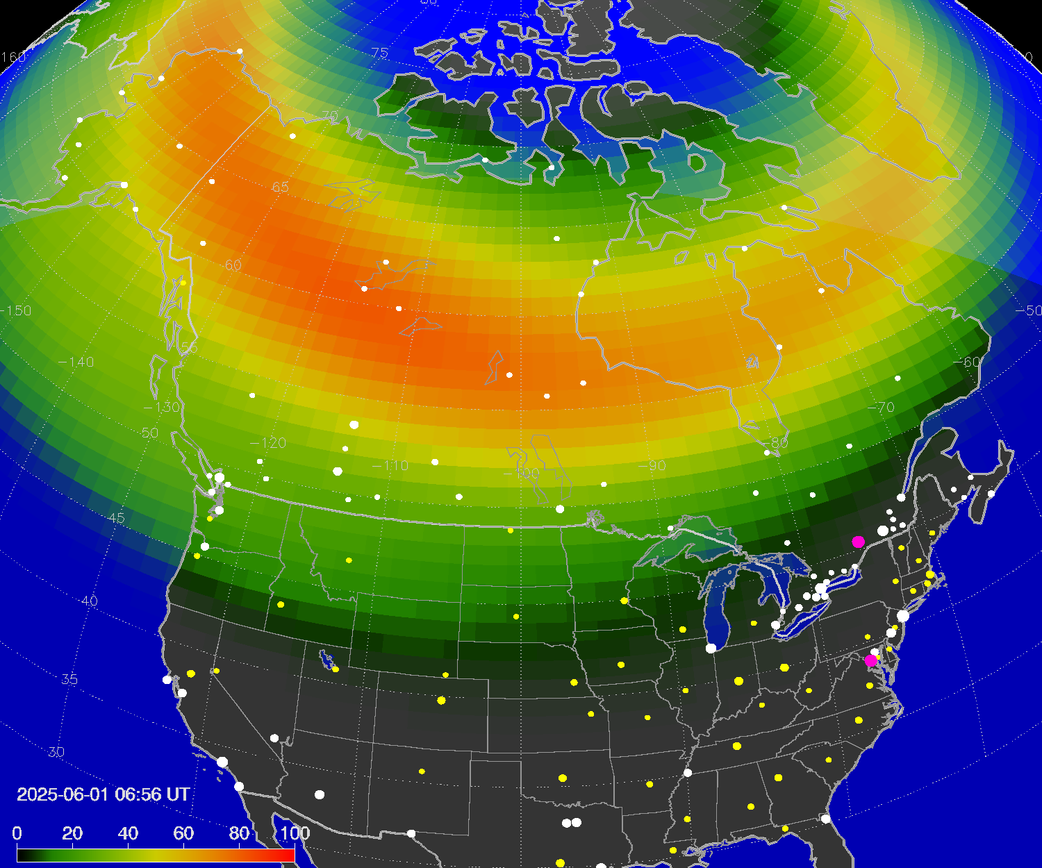 Northern lights (auroras) over North America