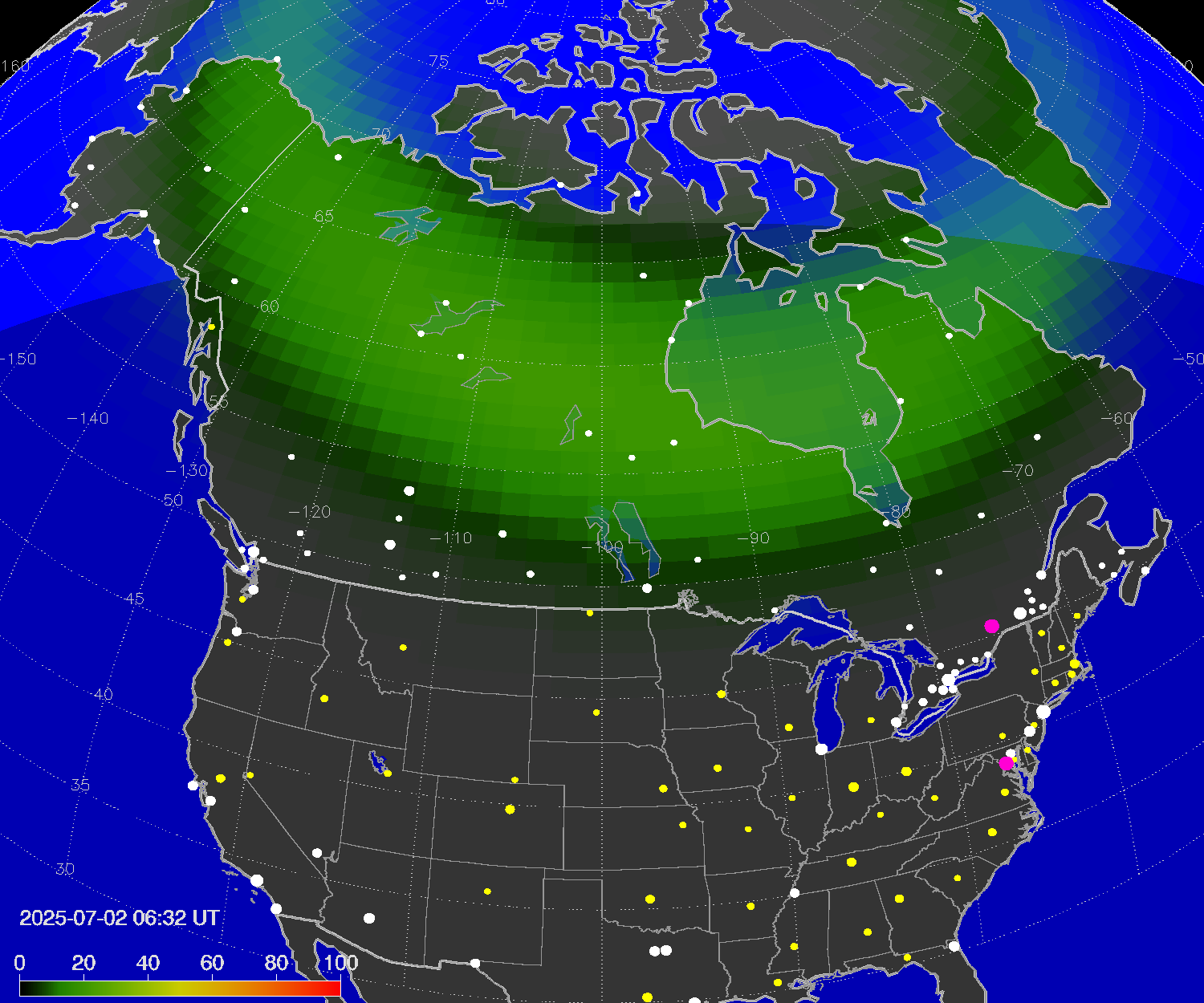 Northern lights (auroras) over North America