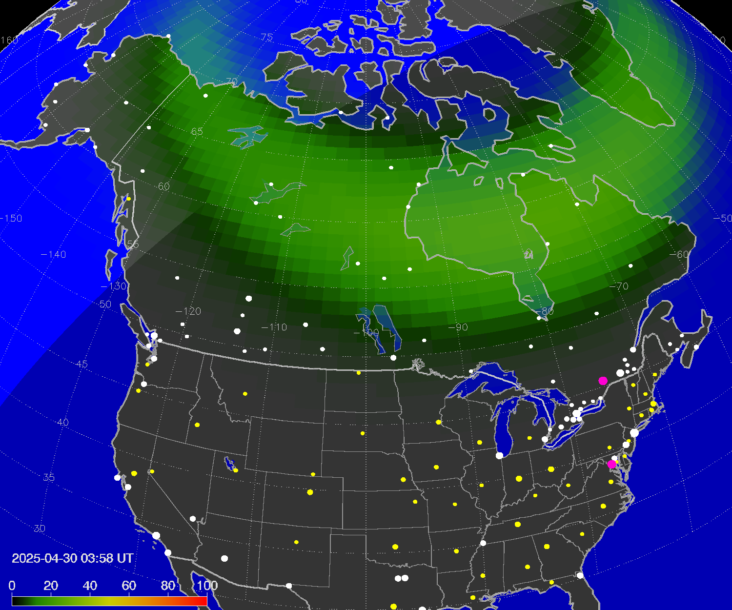 Northern lights (auroras) over North America