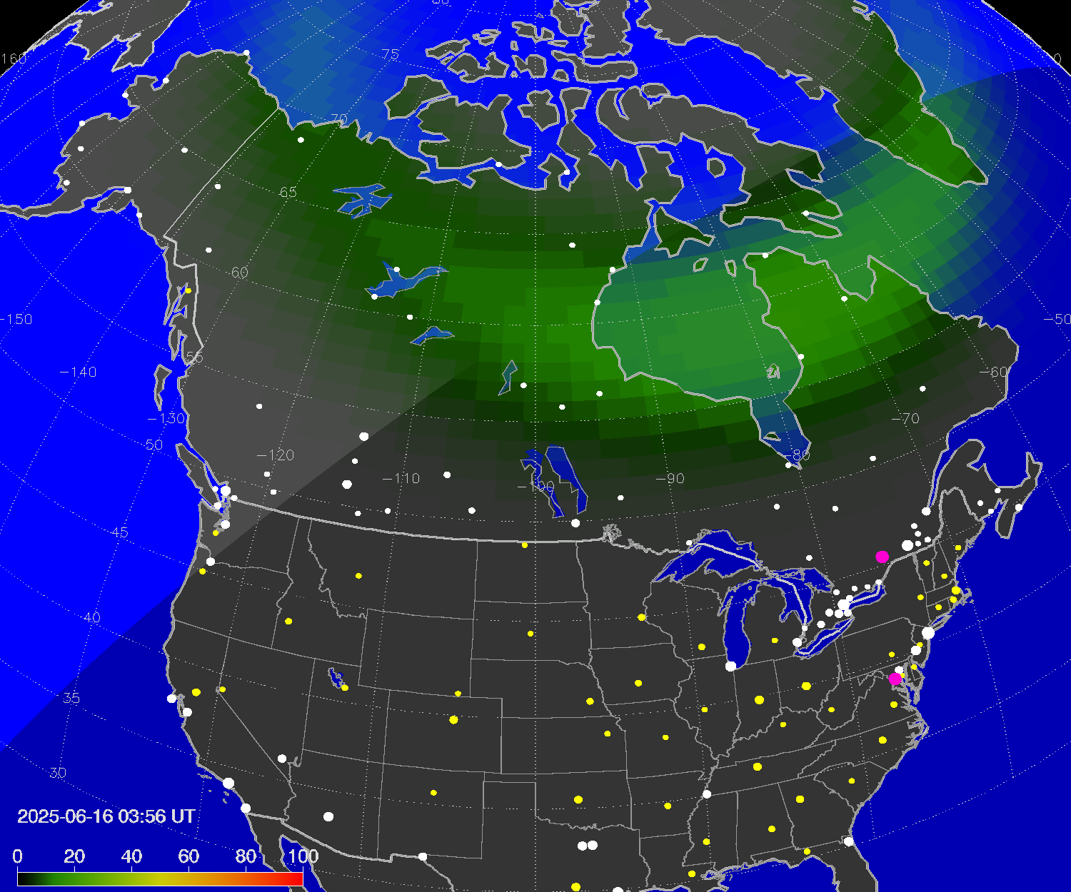 Northern lights (auroras) over North America