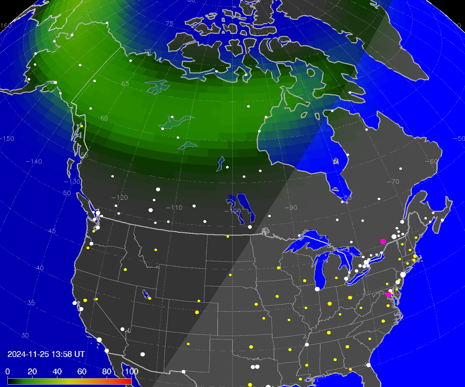 Northern lights (auroras) over North America